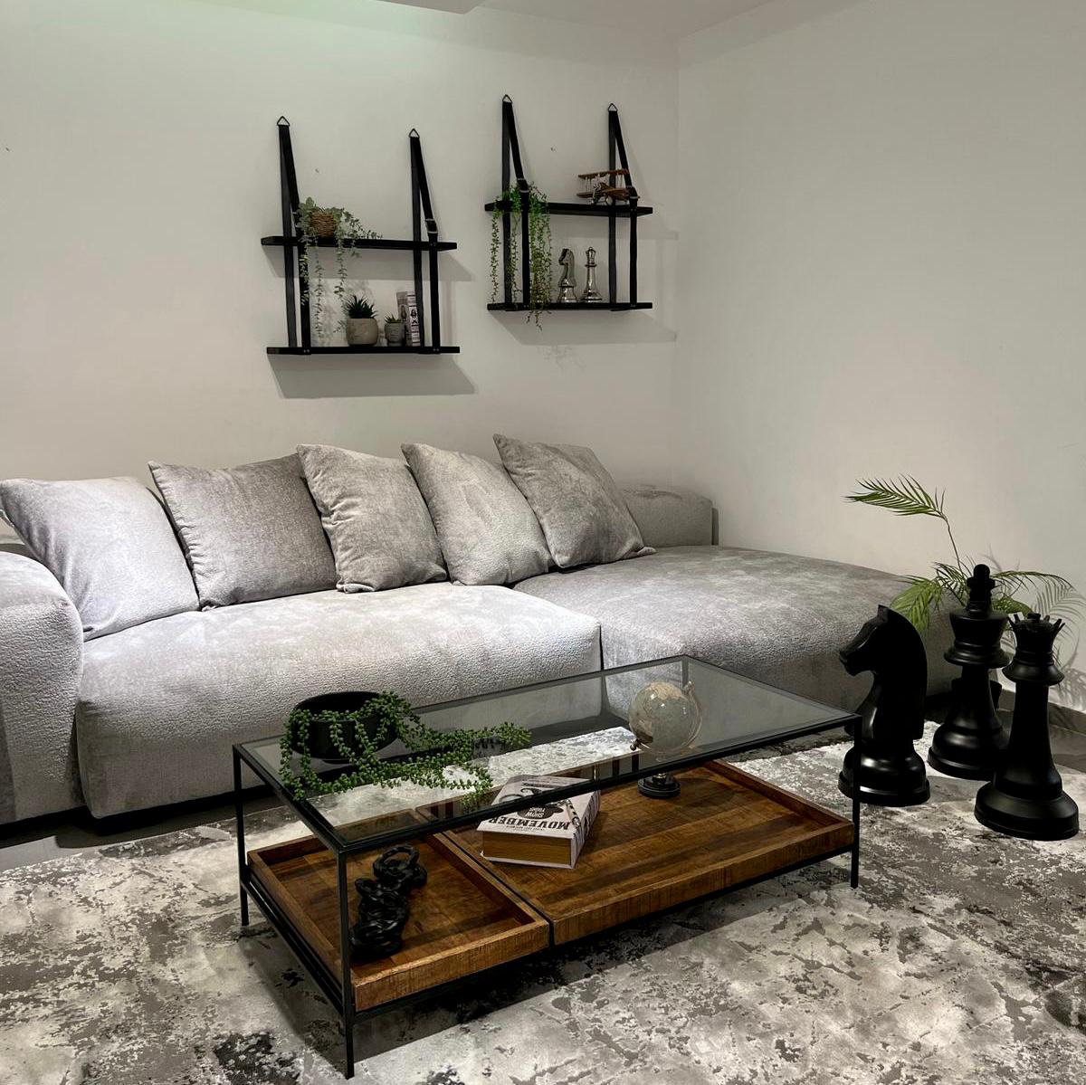 זוג מדפי עץ תליה עם רצועות עור