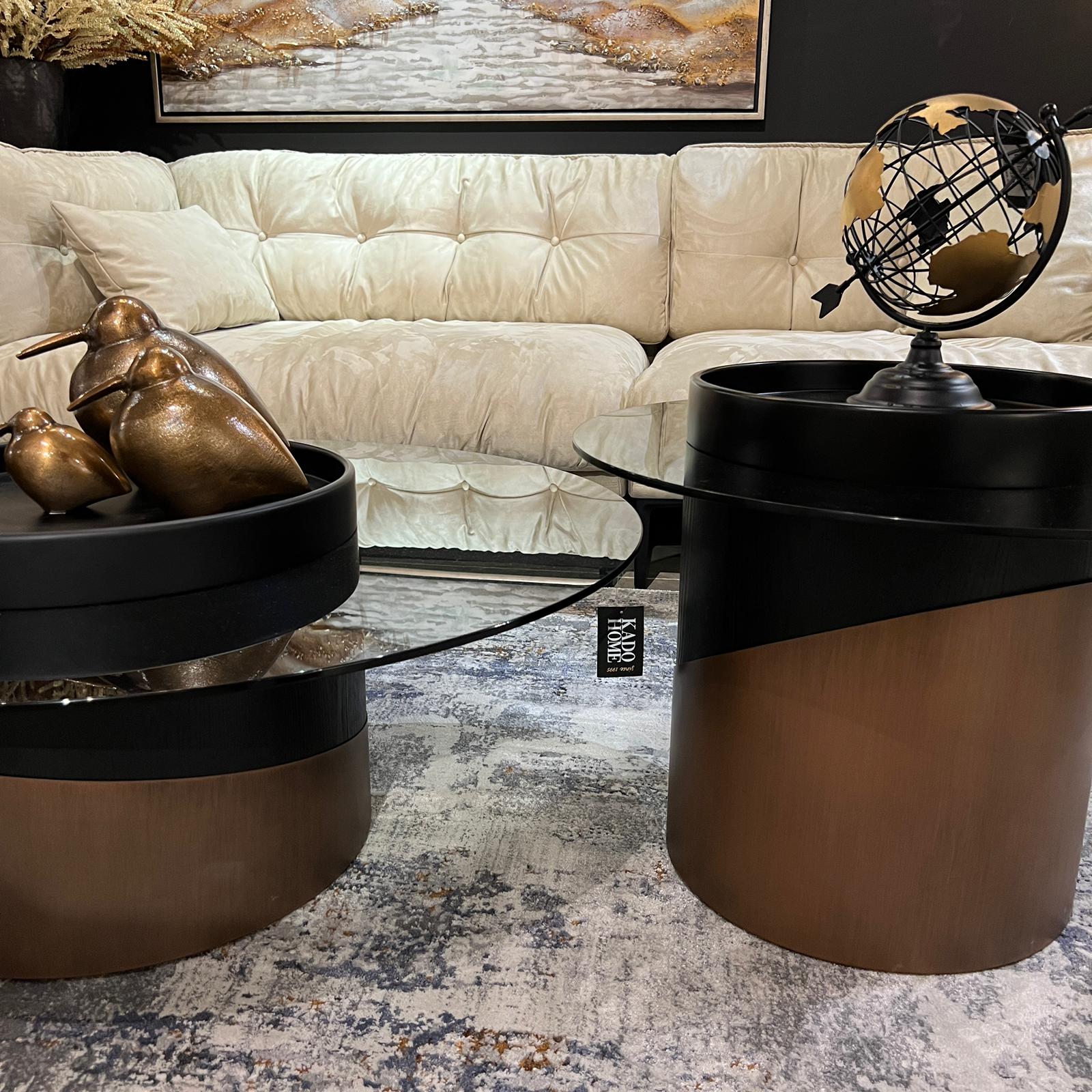 סט שולחנות סלון זכוכית כהה מגש שחור דגם קימי סט שולחנות סלון זכוכית כהה מגש שחור דגם קימי