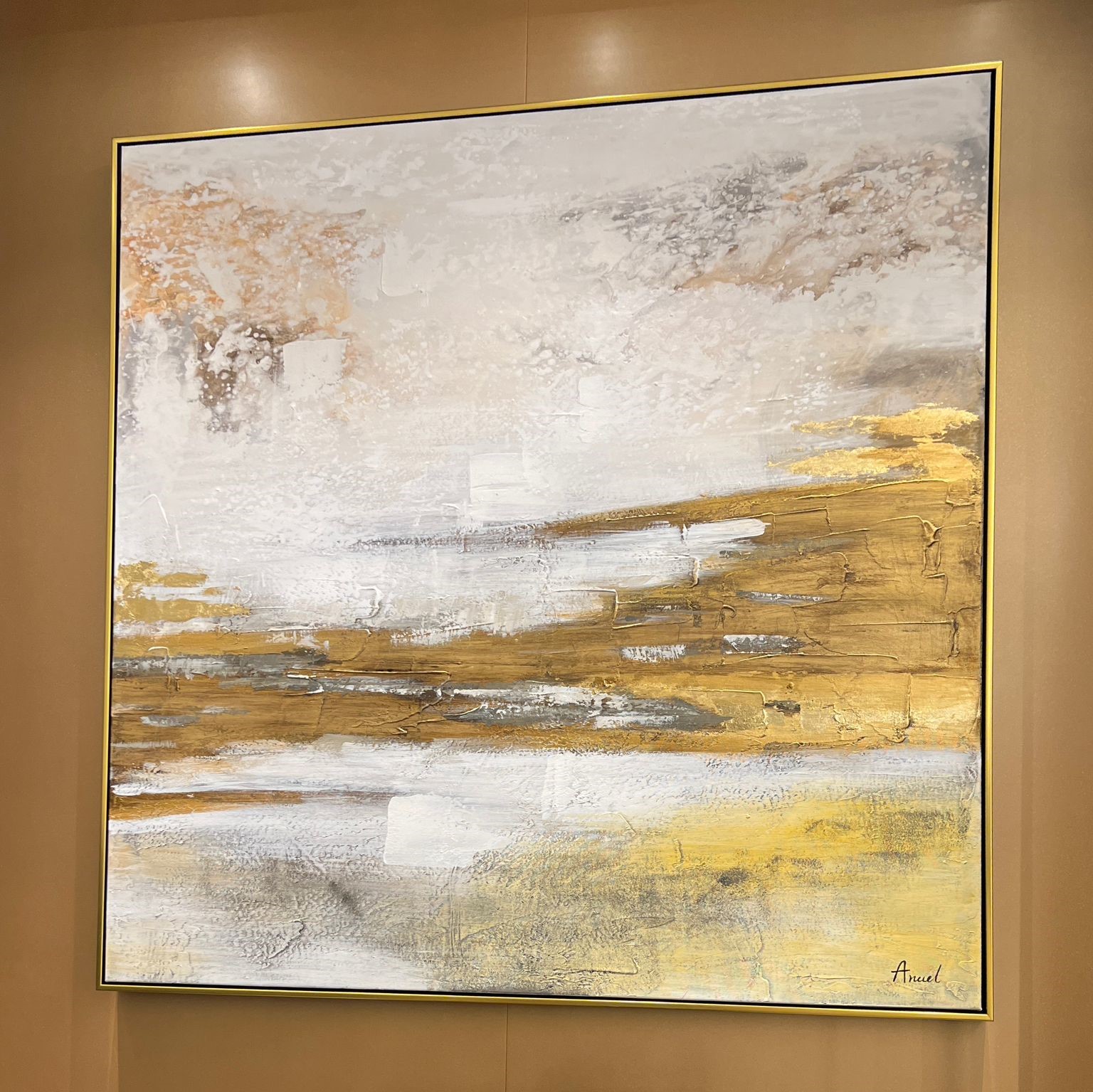 תמונת שמן בשילוב הדפסה אבסטרקט בגווני הזהב וחום