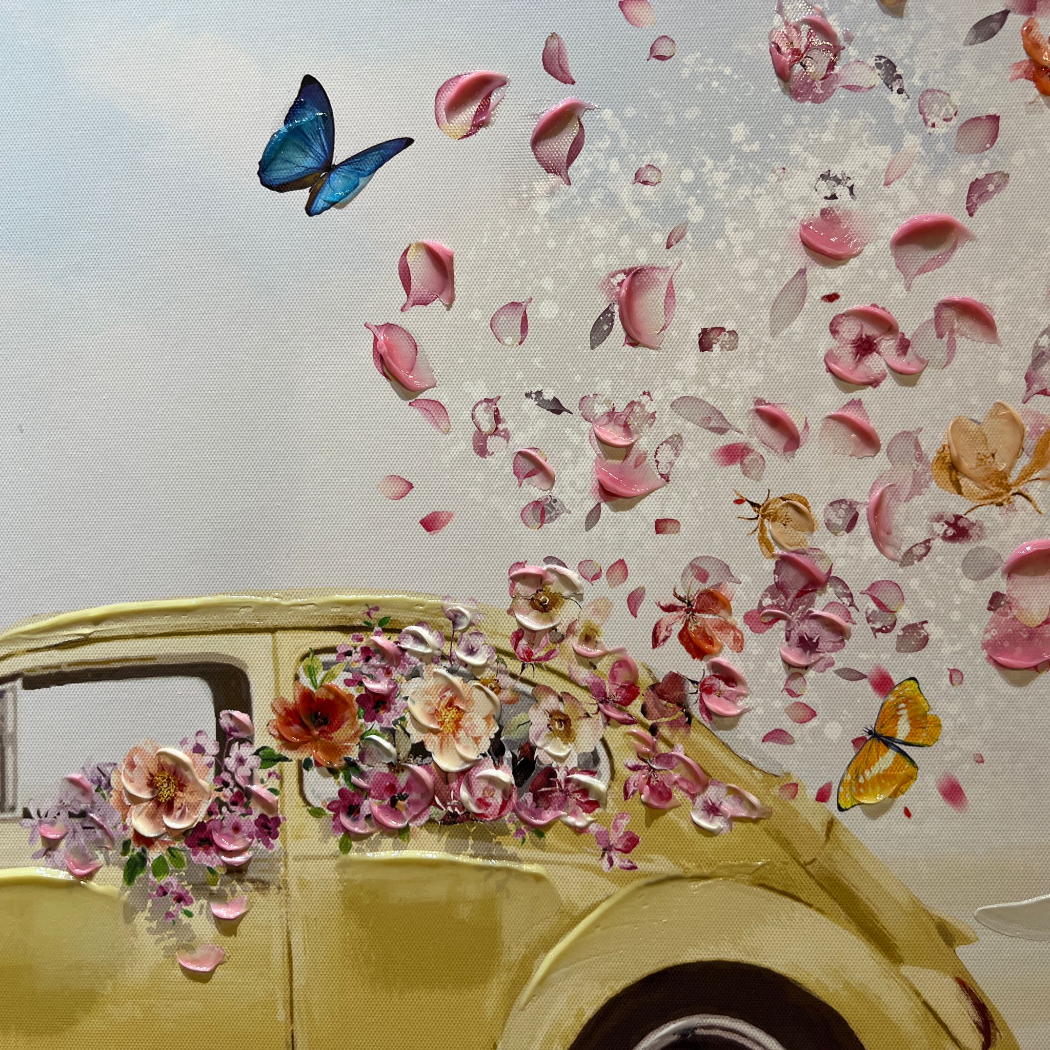 תמונת שמן בשילוב הדפסה מכונית צהובה