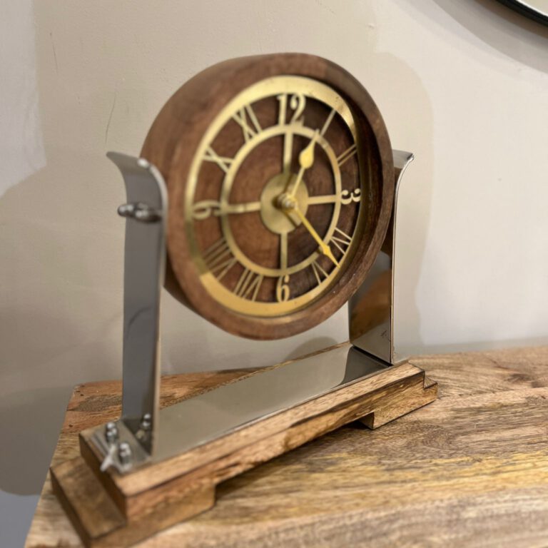 שעון שולחני עץ טבעי מסגרת זהב מעמד כסף עץ