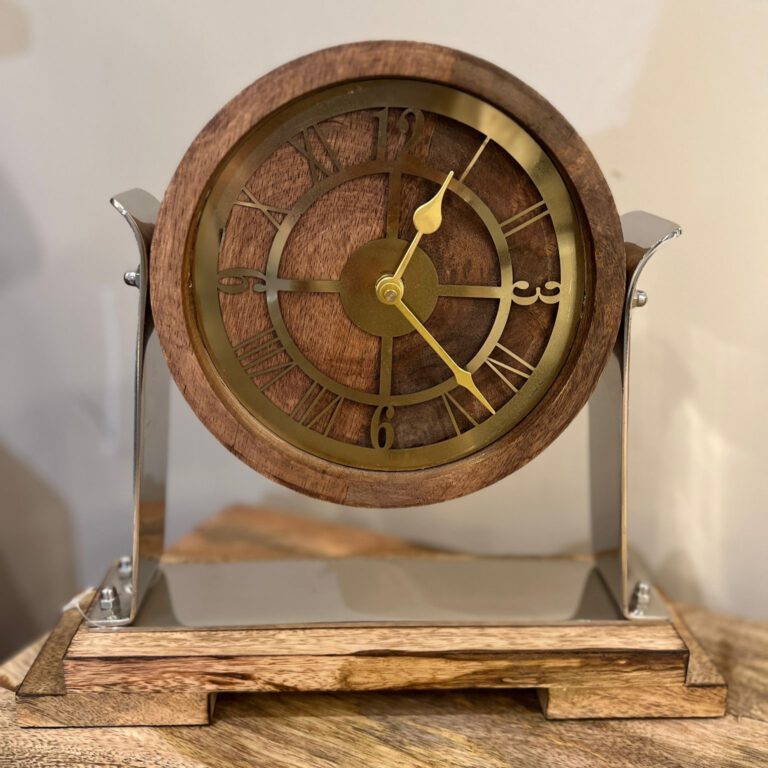 שעון שולחני עץ טבעי מסגרת זהב מעמד כסף עץ