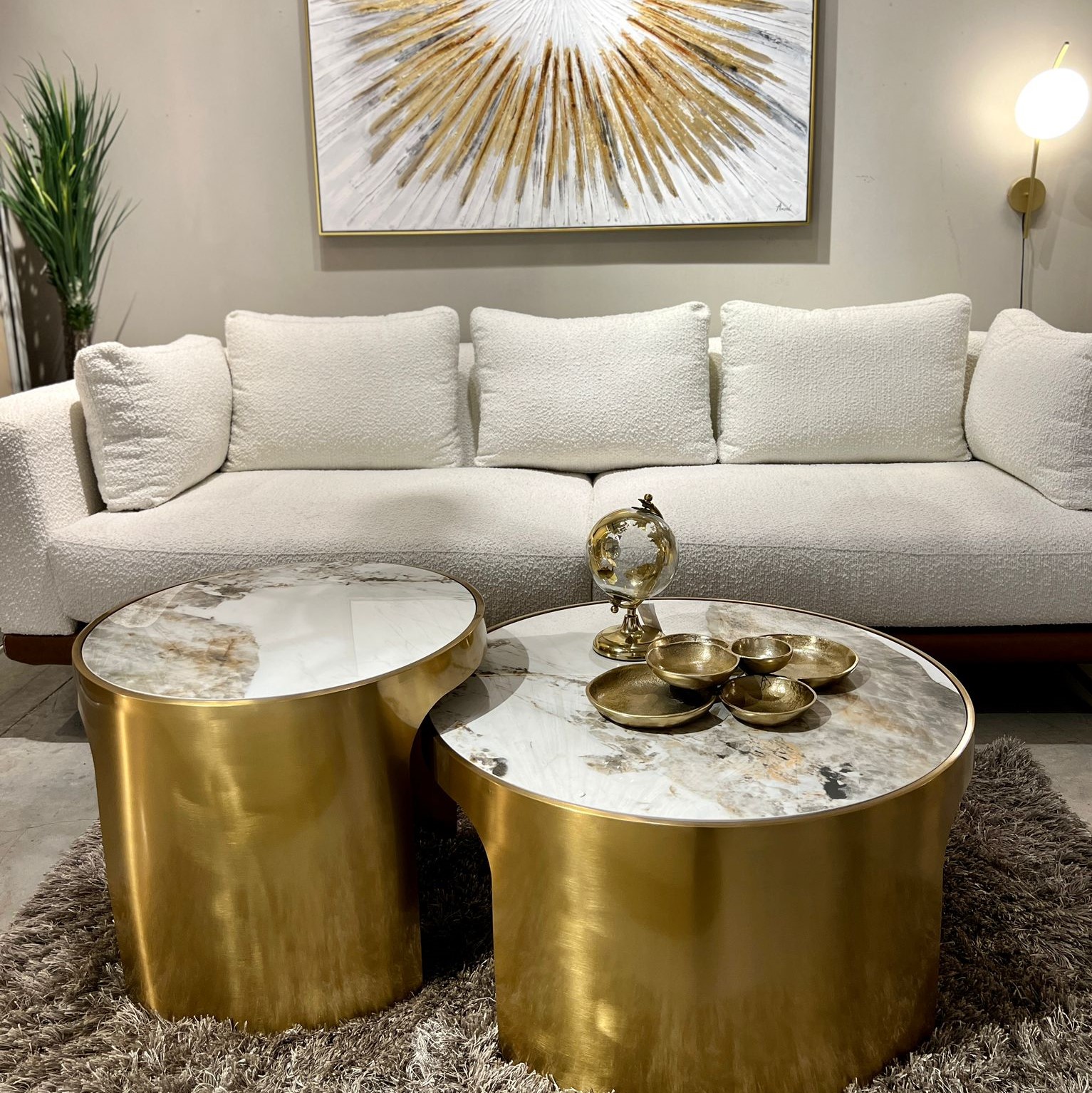 סט שולחנות סלון עגולים דגם רויאל מרבל רגל זהב קימי