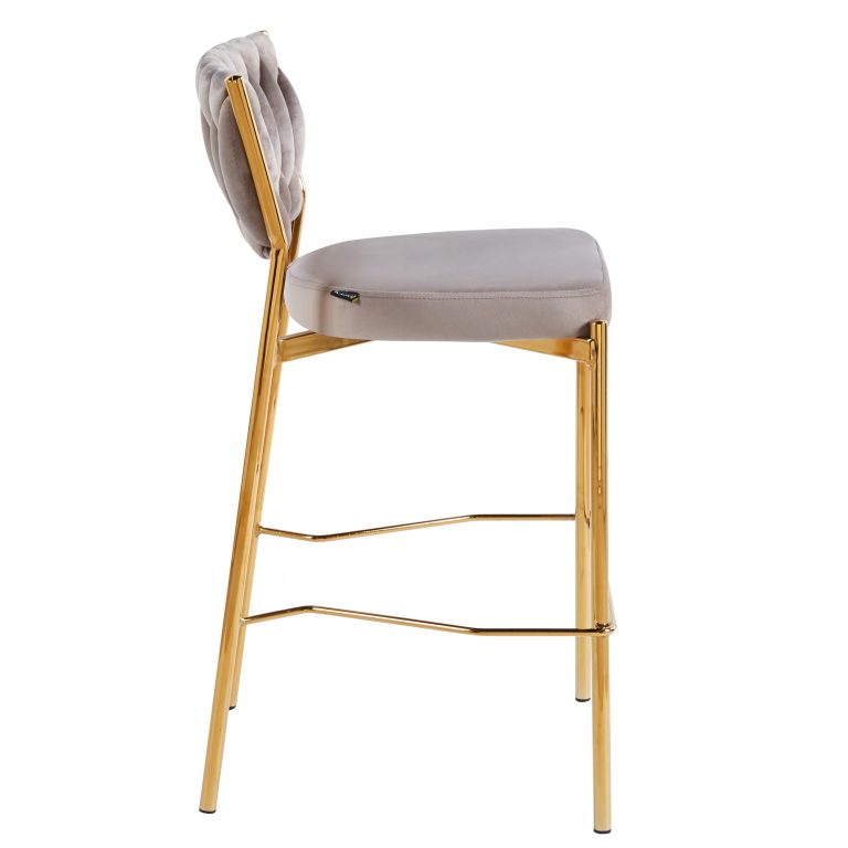כסא בר דגם מרילין קלוע רגל זהב קטיפה בז