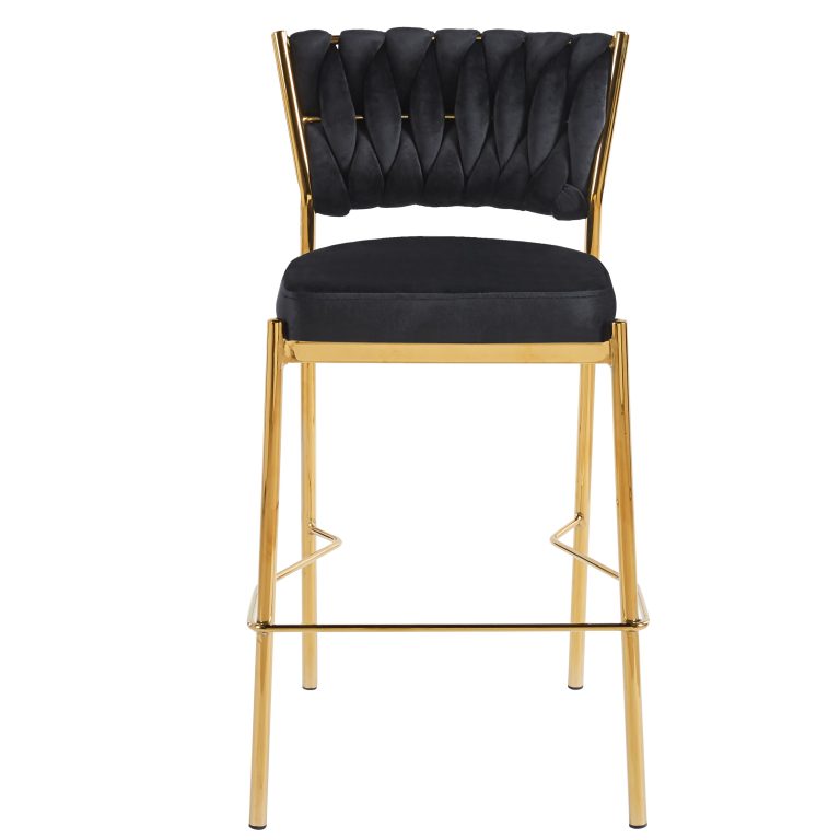 כסא בר דגם מרילין קלוע רגל זהב קטיפה שחורה