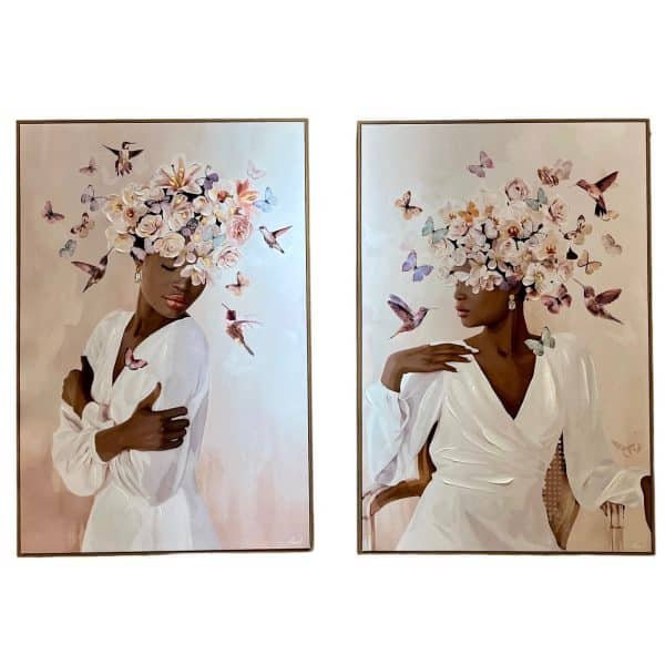 תמונה שמן אישה עם רקע ורוד בשילוב הדפסה עם מסגרת