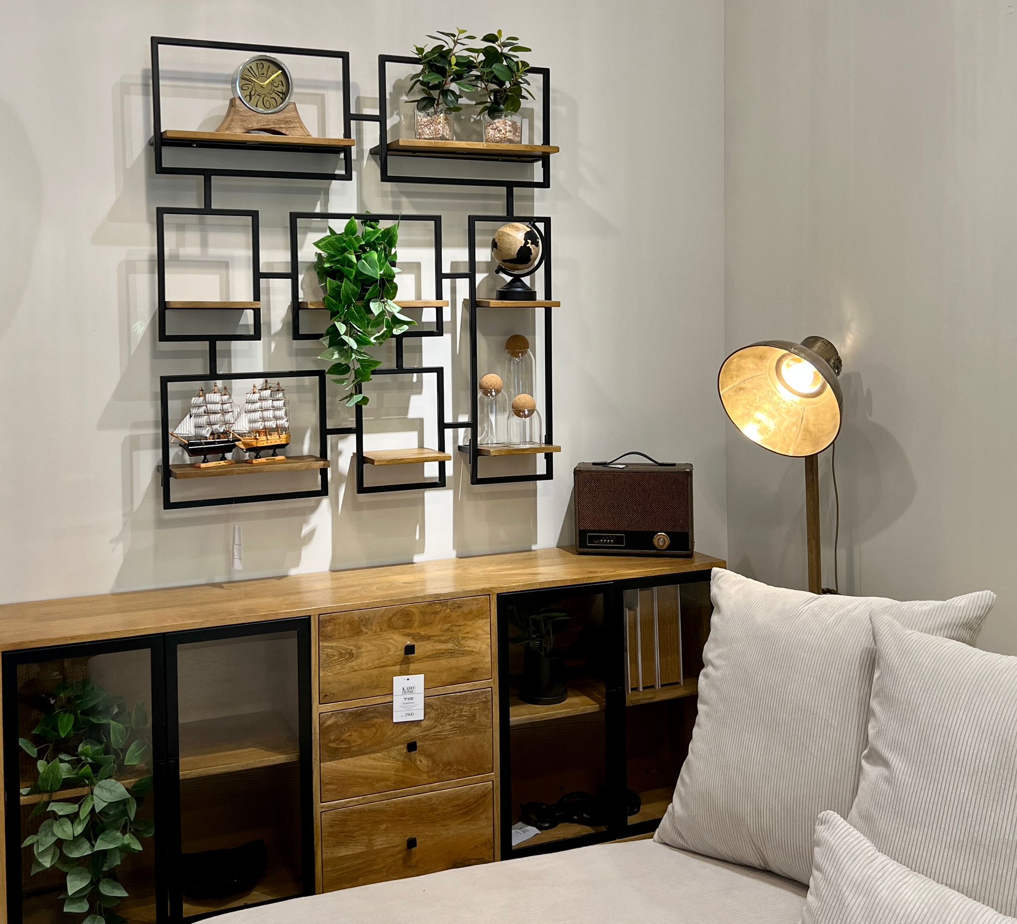 סט 8 מדפי תליה מחוברים עץ מסגרת ברזל שחור דגם סוניל