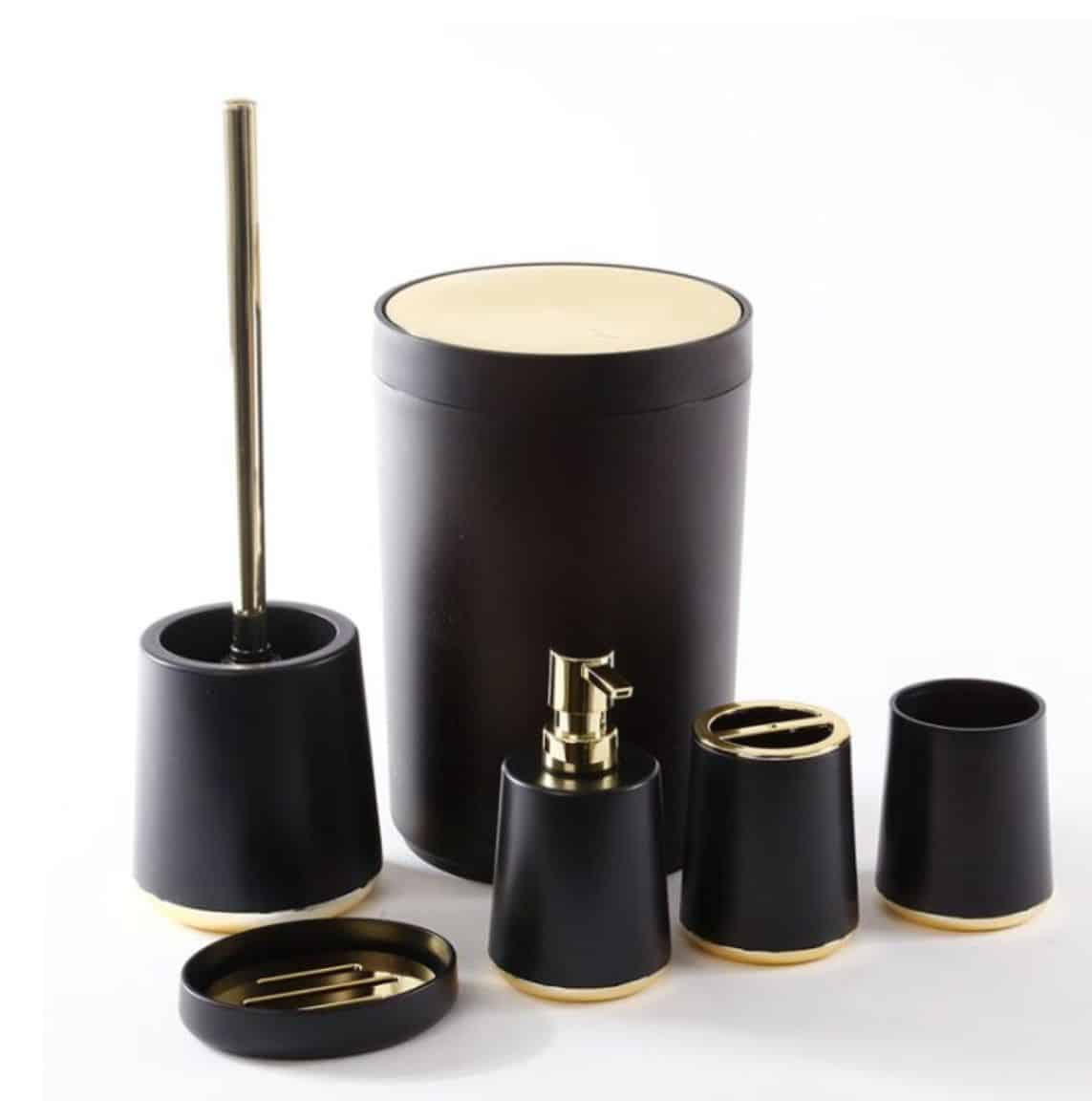 סט גולי פח 5L ומברשת שירותים מחזיק מברשת שיניים מעמד לסבון ספל ודיספנסר שחור זהב