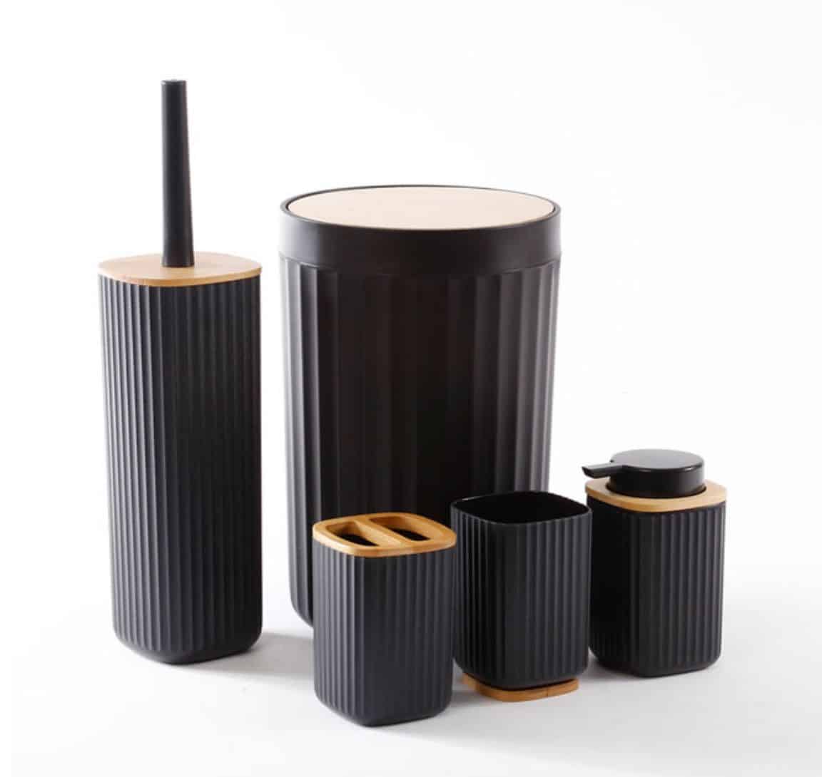 סט גולי פח 5L מכסה עץ מברשת שירותים מחזיק מברשת שיניים ספל