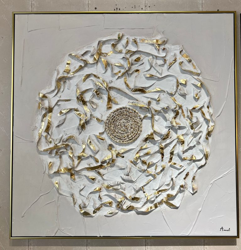 תמונת שמן בשילוב הדפסה עיגול מרכזי זהב ולבן אנאל עם מסגרת (4)
