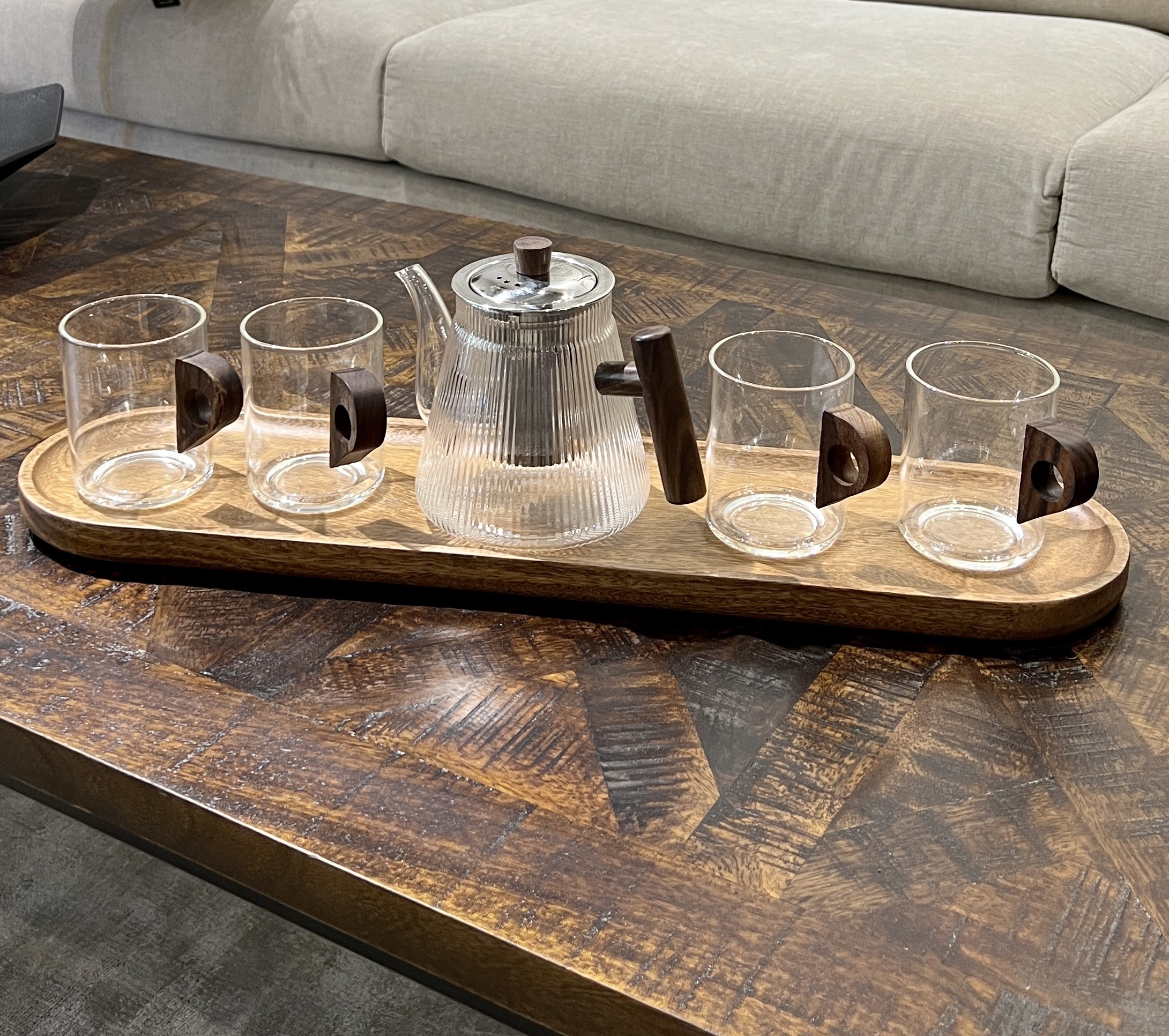 ספל זכוכית שקופה ידית עץ דגם אליס