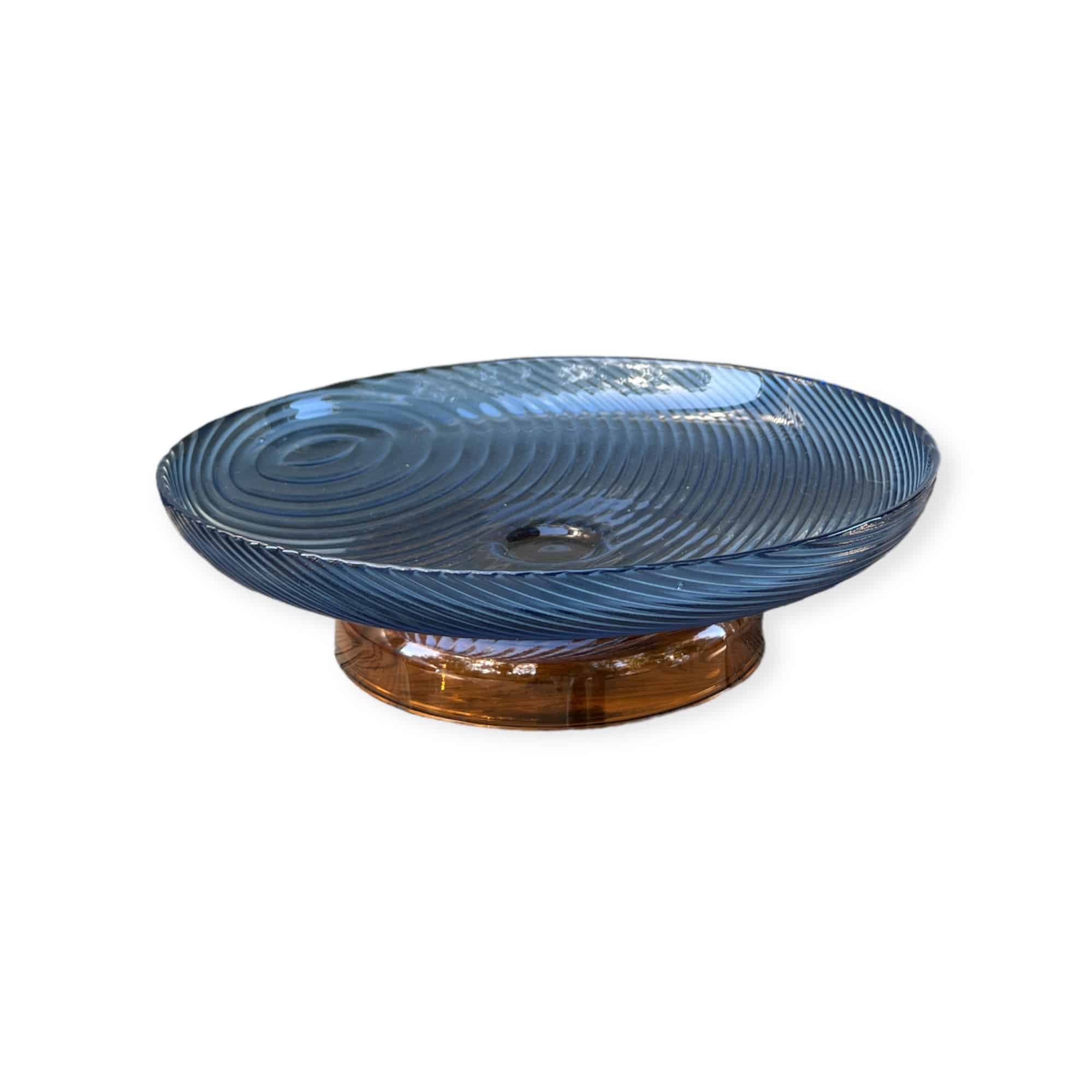 קערת זכוכית על רגל זכוכית נמוכה כחול רקוע/ אמבר דגם אליס קערת זכוכית על רגל זכוכית נמוכה כחול רקוע/ אמבר דגם אליס