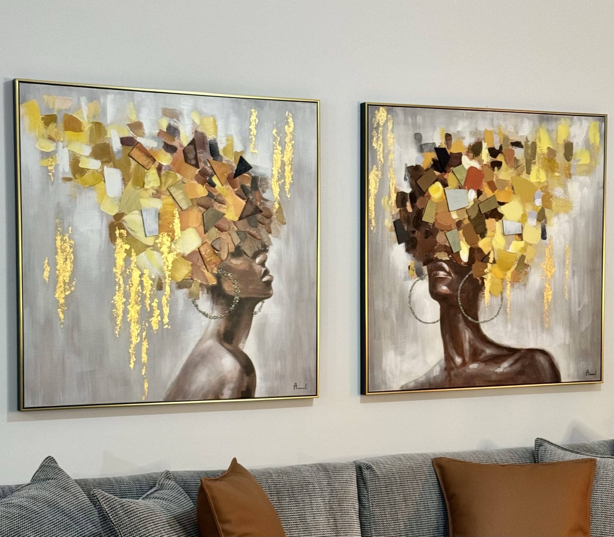 תמונת שמן בשילוב הדפסה ראש אישה גווני כתום עם מסגרת