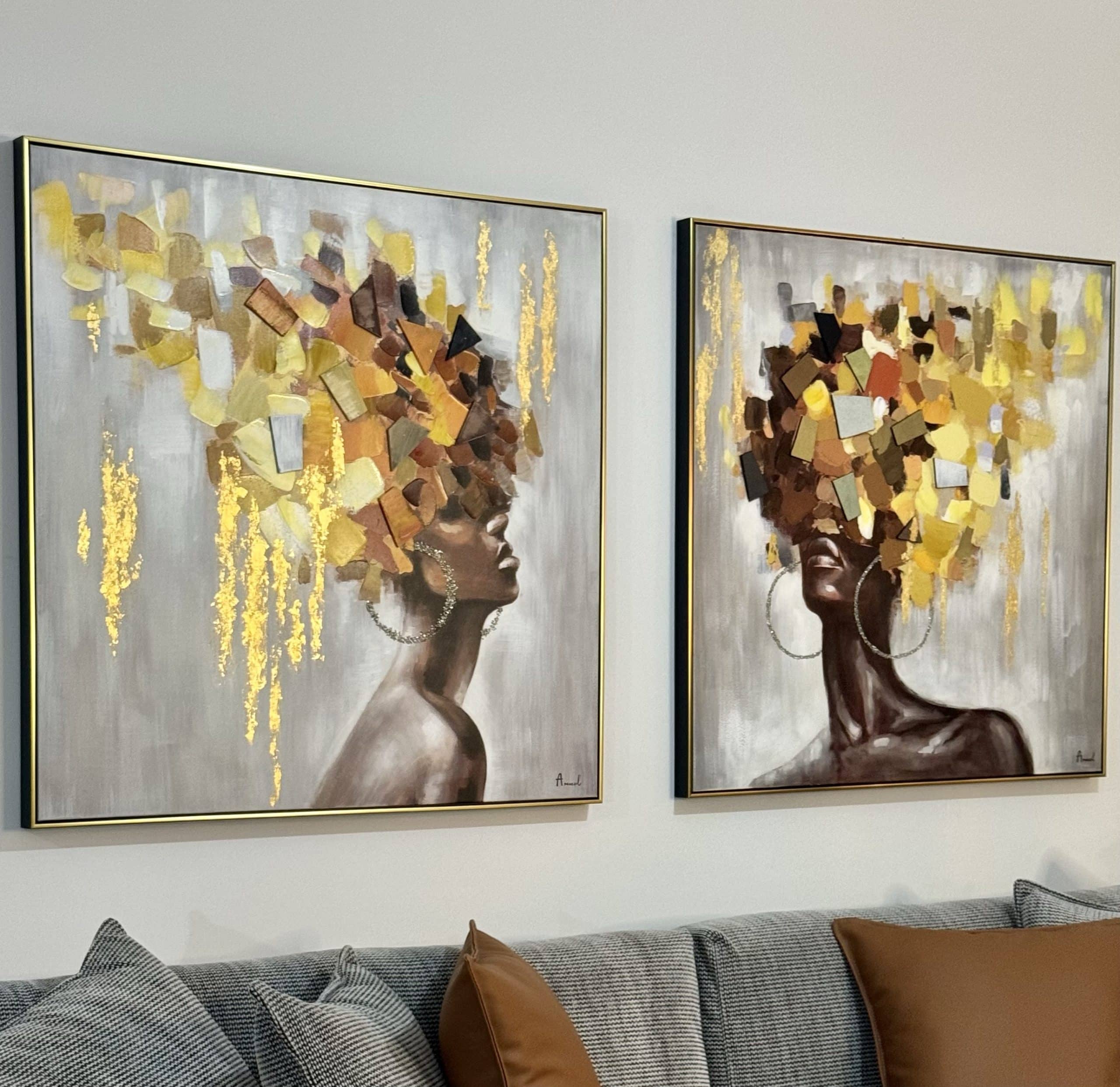 תמונת שמן בשילוב הדפסה ראש אישה גווני כתום עם מסגרת