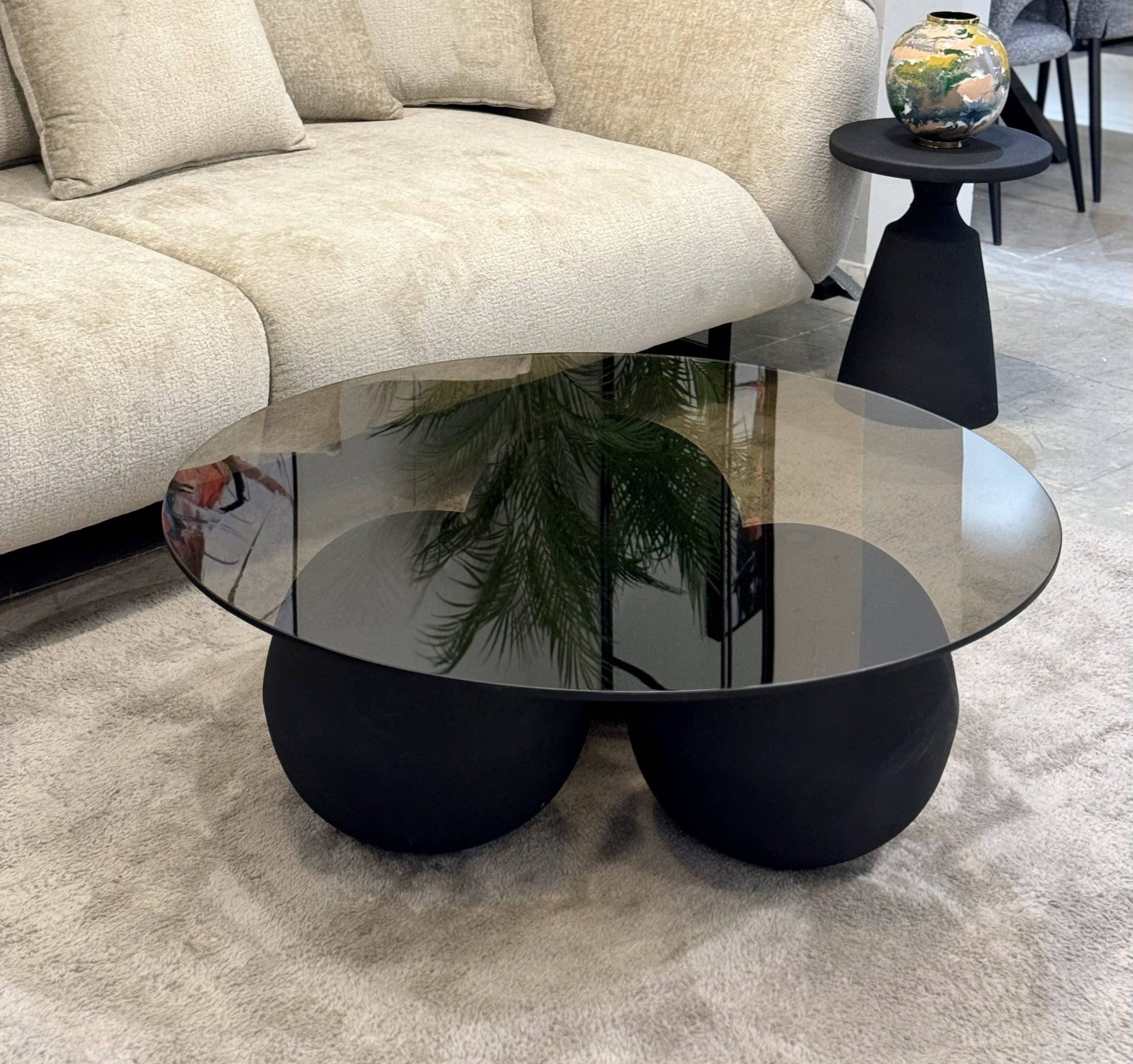 שולחן סלון עגול דולור זכוכית כהה בסיס כדורים שחור דגם ראבי שולחן סלון עגול דולור זכוכית כהה בסיס כדורים שחור דגם ראבי