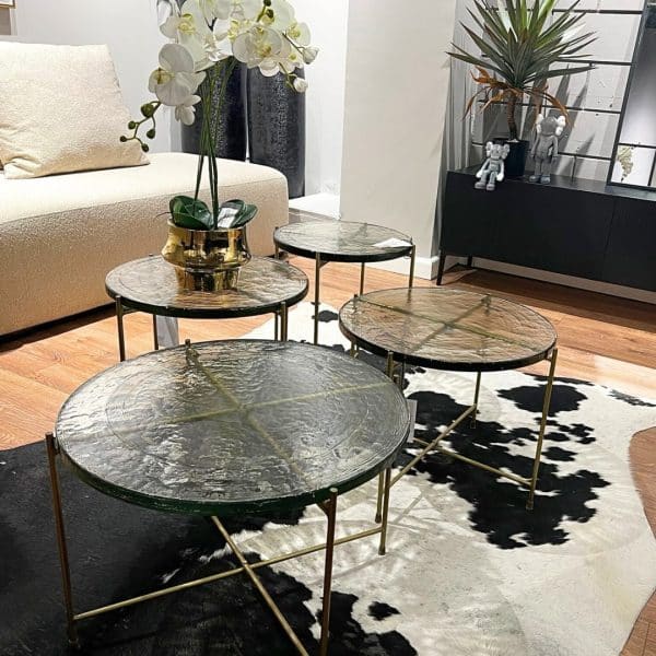 שולחן סלון עגול דגם ראבי זכוכית עבה רגלי זהב