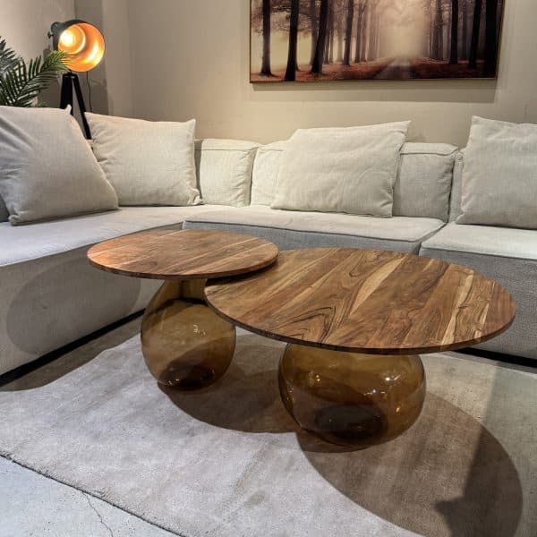 שולחן סלון גלורי בסיס זכוכית חומה פלטה עץ דגם ראבי