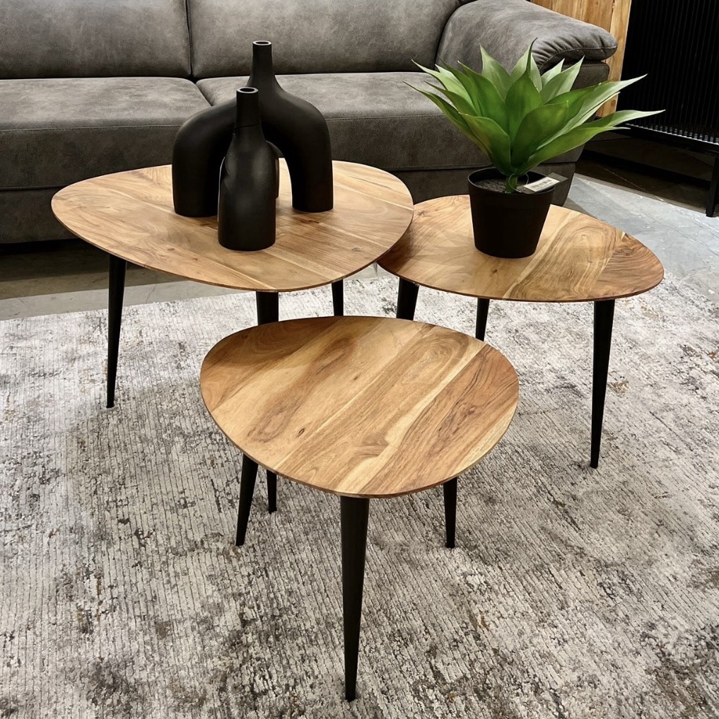 סט 3 שולחנות סלון דגם ווד עץ שיטה רגלים שחור