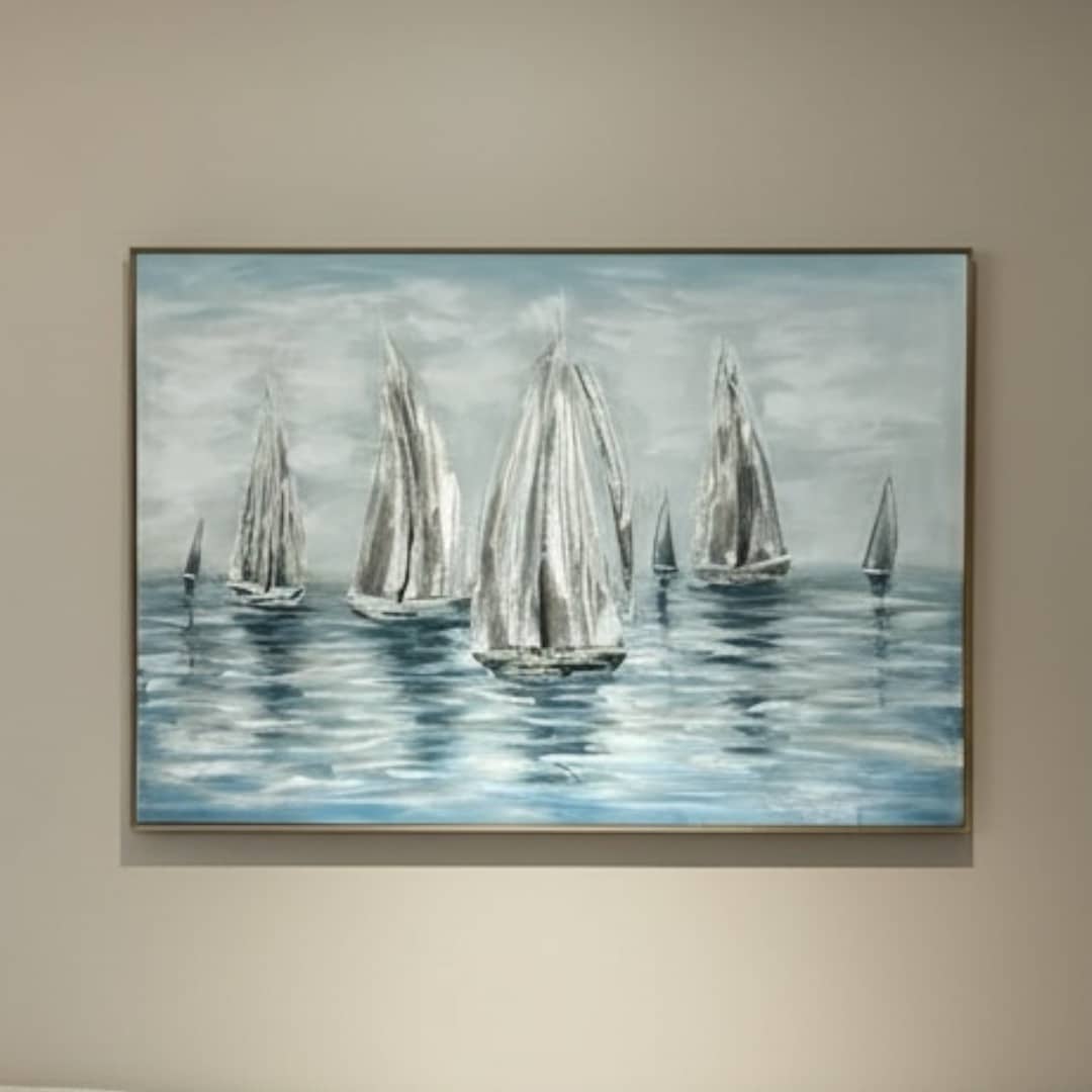 תמונה עבודת יד תבליטים אוניות תכלת וניקל מסגרת עץ דגם איקו