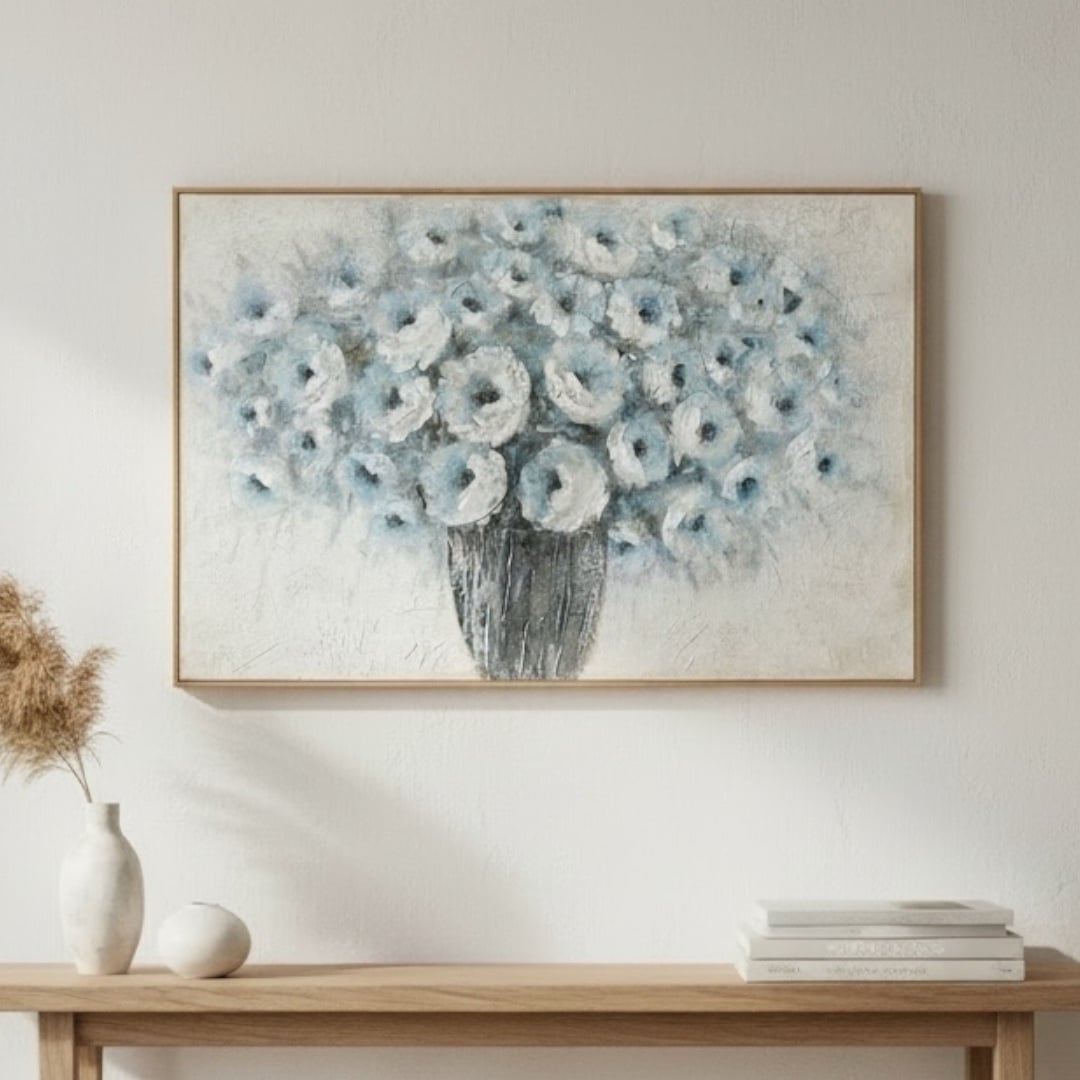 תמונה עבודת יד לקיר פרחים תכלת לבן דגם איקו 120/80 ייבוא קאדו הום - חיסול מלאי!