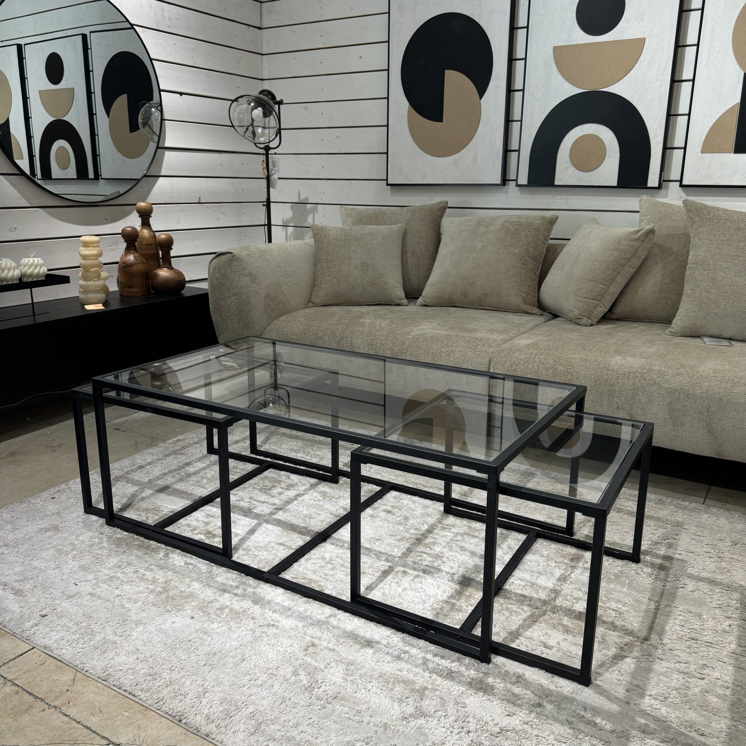 סט 3 שולחנות ברזל שחור וזכוכית דגם מוס סט 3 שולחנות ברזל שחור וזכוכית דגם מוס