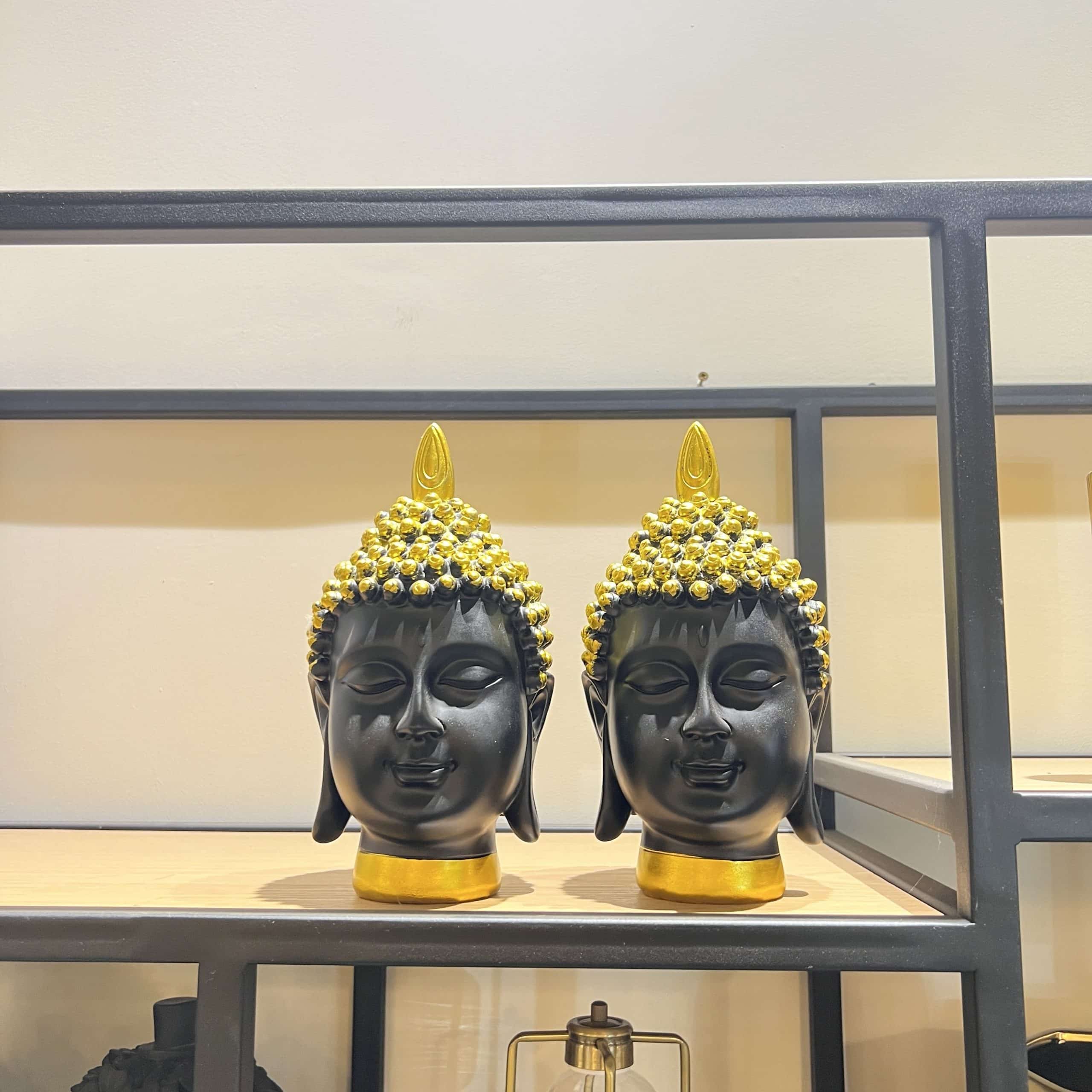 פסל ראש בודהה שחור שיער שחור וזהב פסל ראש בודהה שחור שיער שחור וזהב