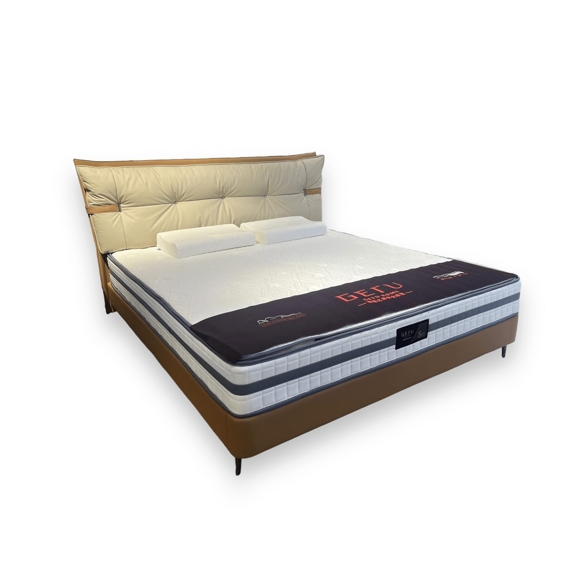 מיטה קררה יוקרתית דמוי עור משולב כאמל בז דגם סופיטל- SPECIAL PRICE