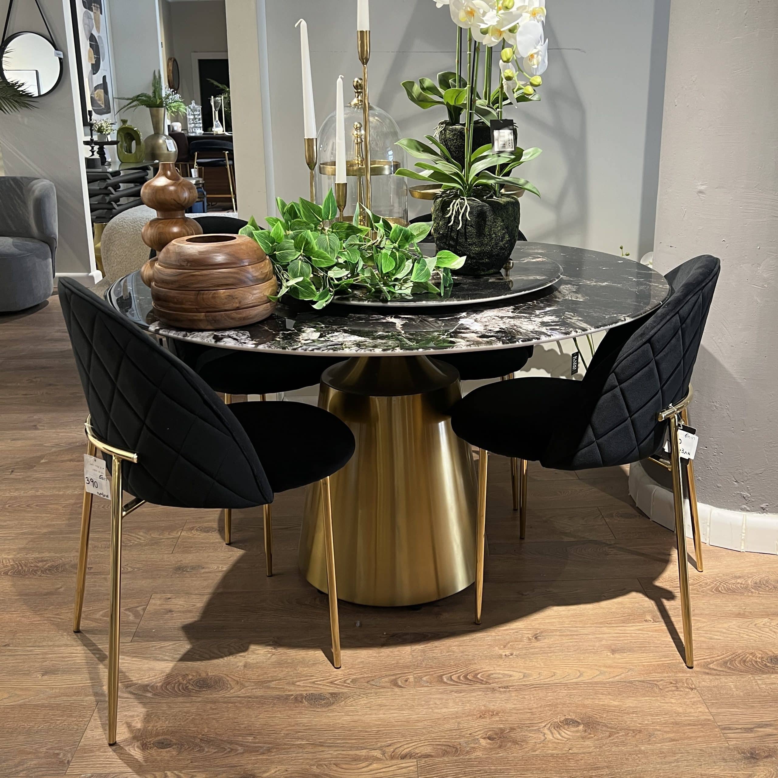 שולחן אוכל עגול מרבל שחור אפור רגל זהב דגם קימי קוטר 130