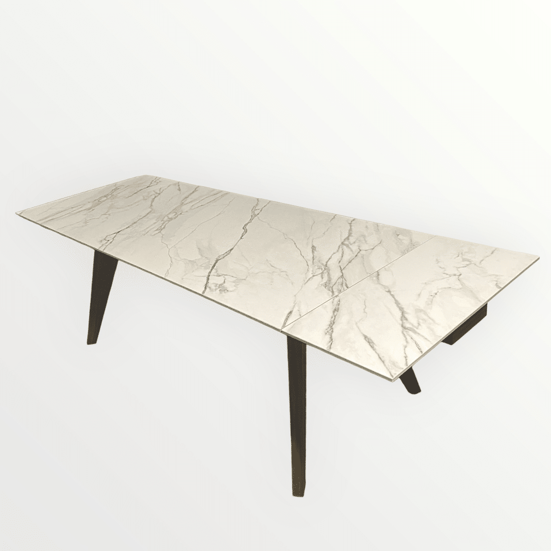 שולחן אוכל מרבל לבן נימים חומים נפתח רגל אגוז דגם הלן