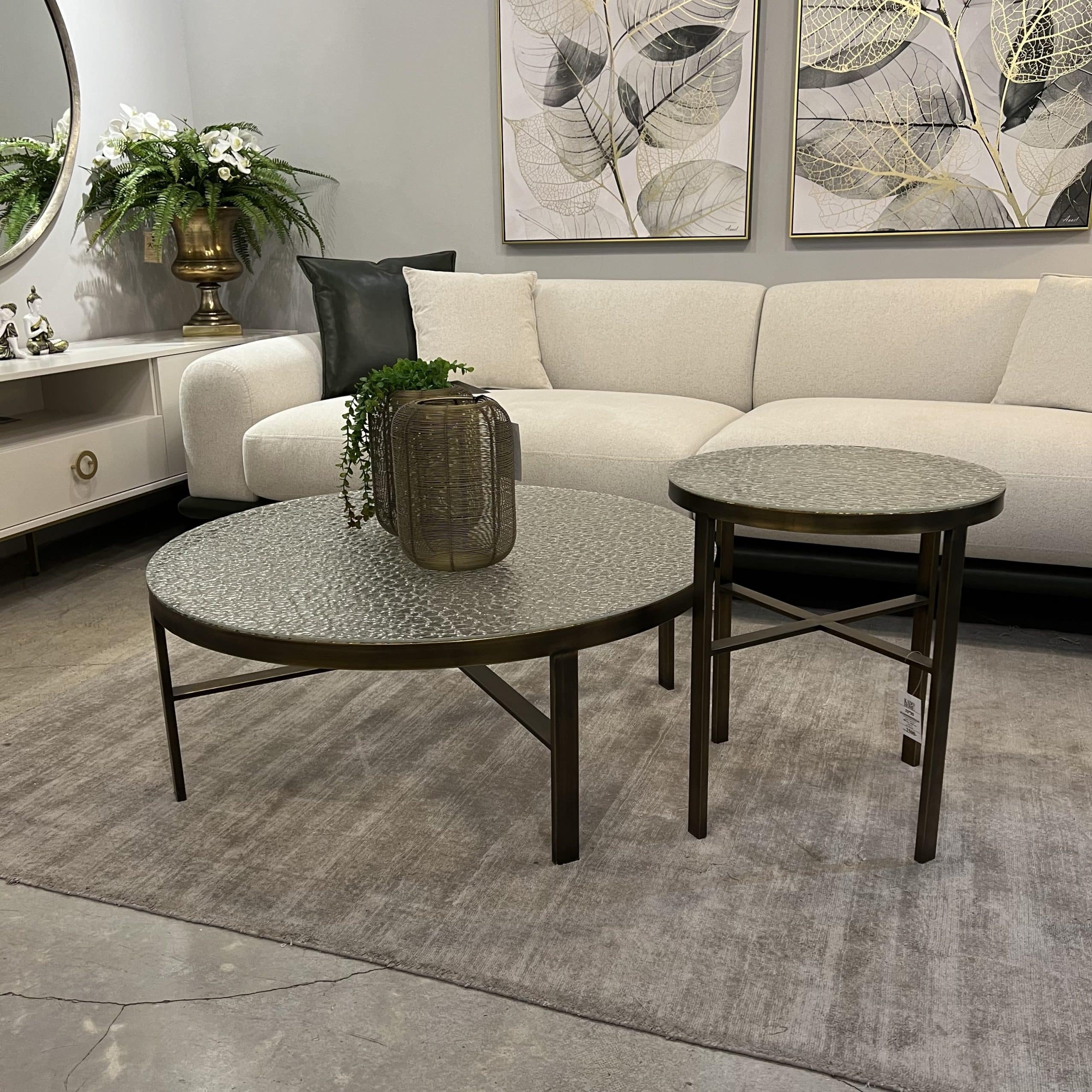 סט שולחנות סלון עגולים זהב זכוכית ריקועים דגם סלינה סט שולחנות סלון עגולים זהב זכוכית ריקועים דגם סלינה