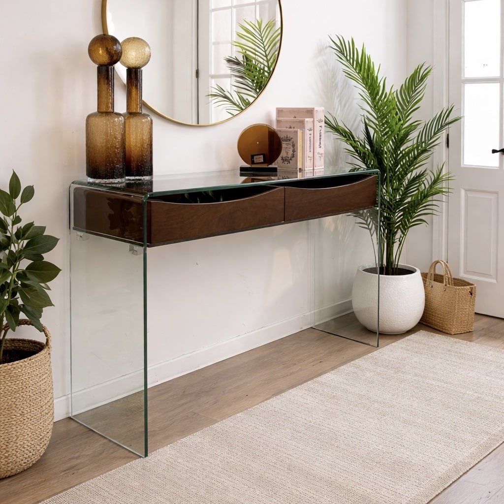 קונסולה מעוצבת מלבנית עץ זכוכית מחוסמת שקופה דגם פלור