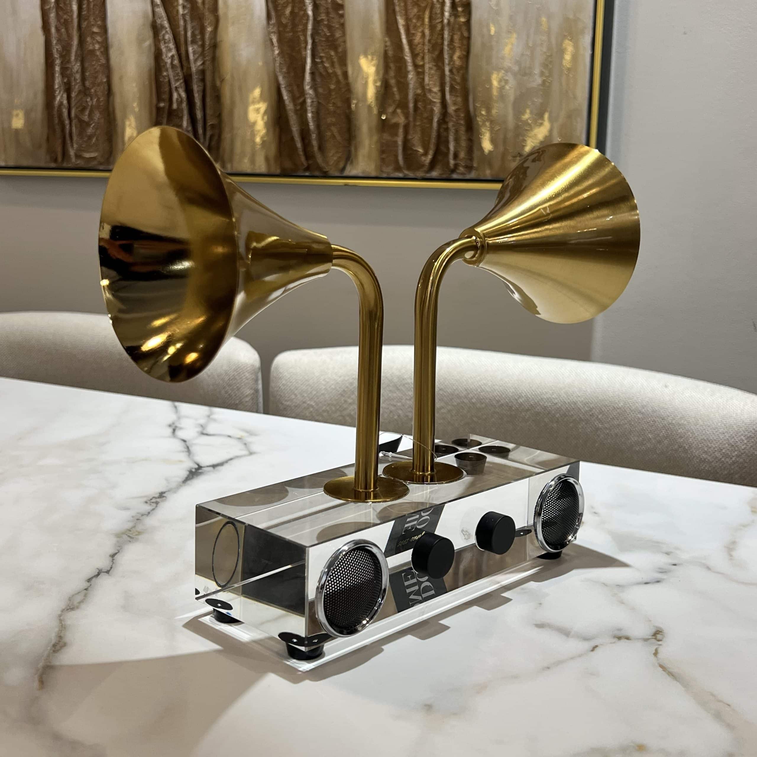 גרמופון זהב 2 רמקולים בסיס מלבן אקריל דגם איקו