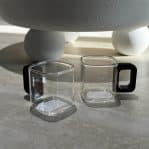 כוס אספרסו זכוכית מרובעת ידית עץ דגם איקו