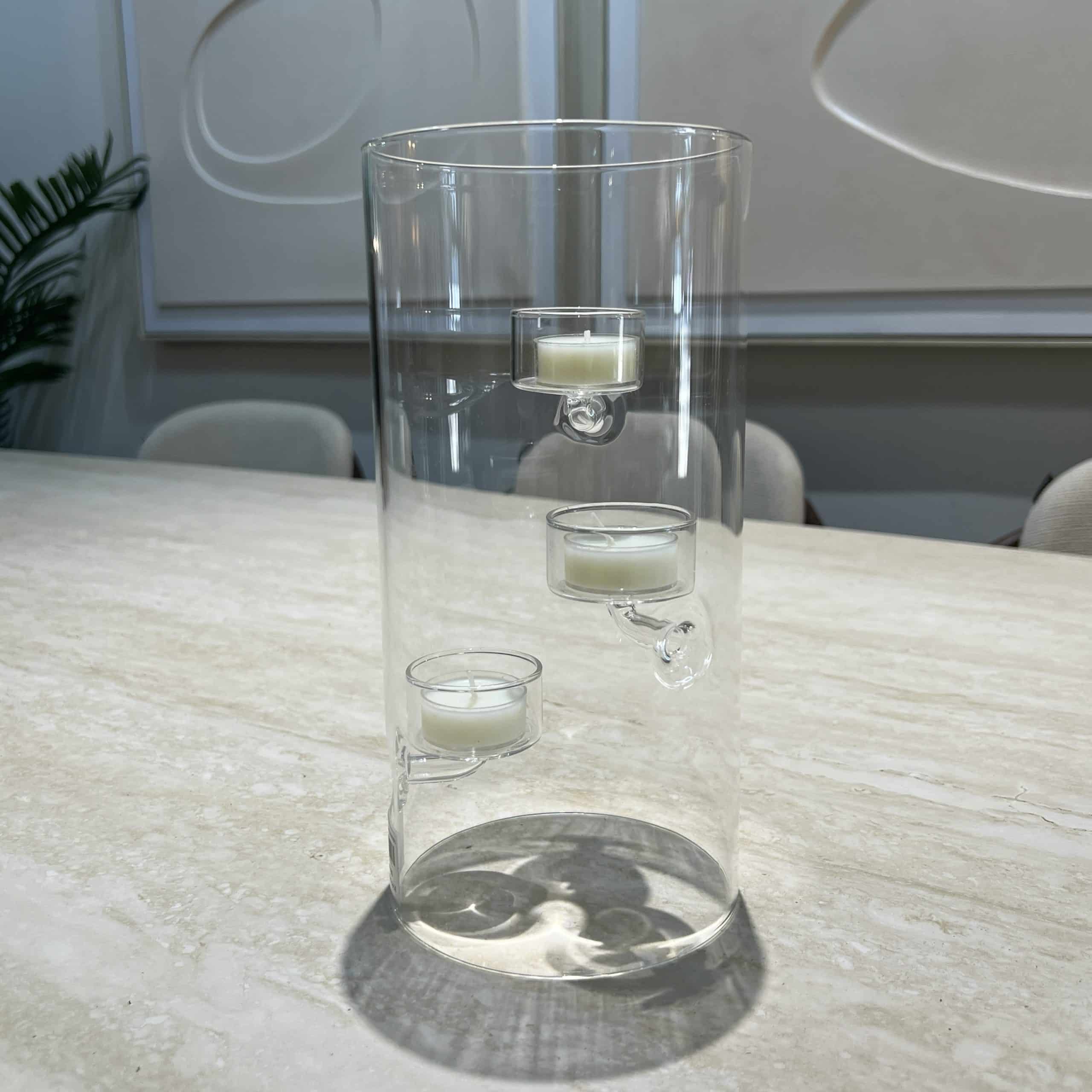 כד זכוכית צילינדר עם 3 קני נרות פנימיים גדול דגם איקו