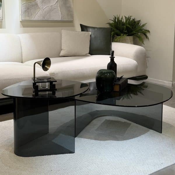 שולחן סלון יוקרתי עגול רגל U זכוכית מחוסמת אפורה דגם פלור- במלאי!!