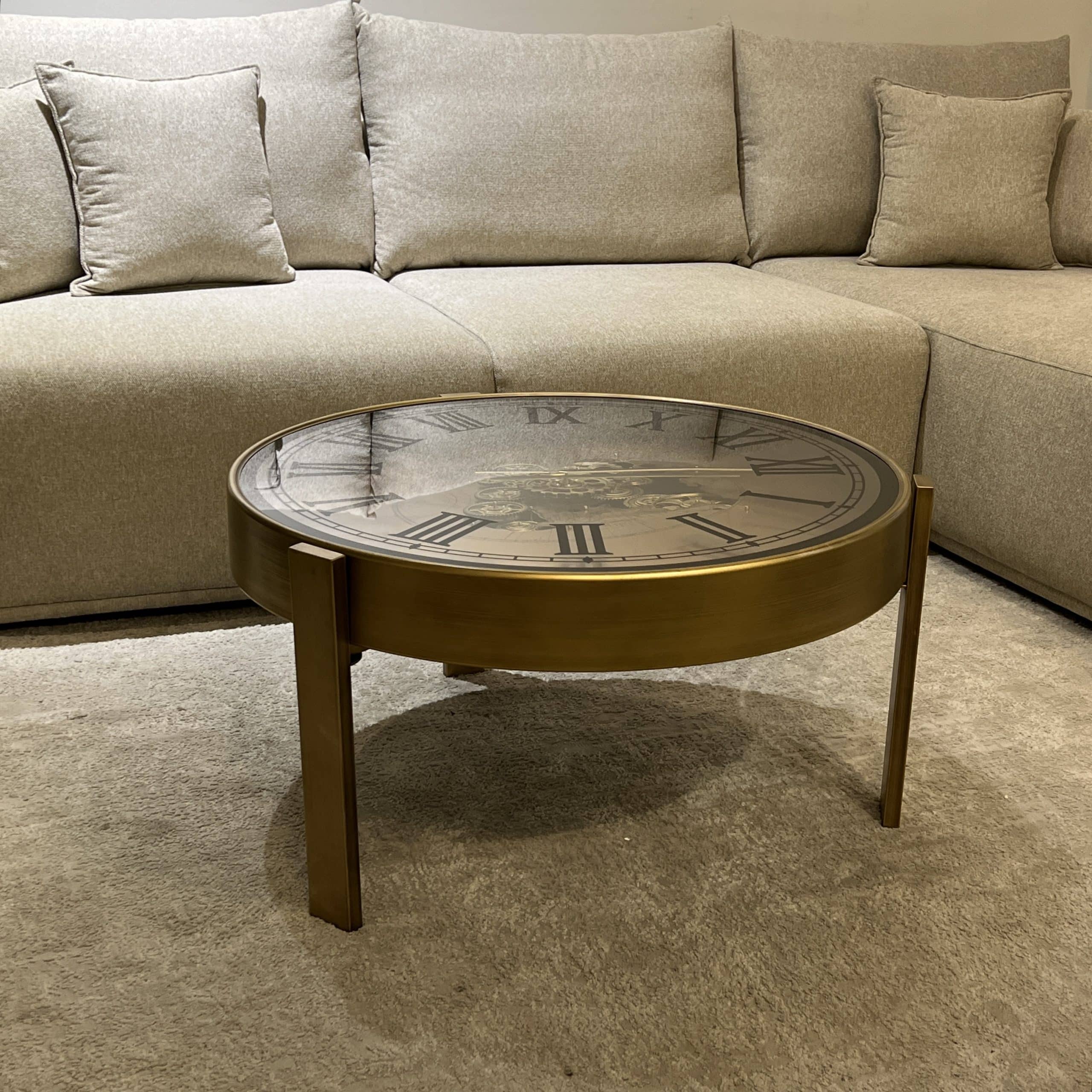 שולחן סלון יוקרתי שעון וזכוכית רגל זהב דגם איקו