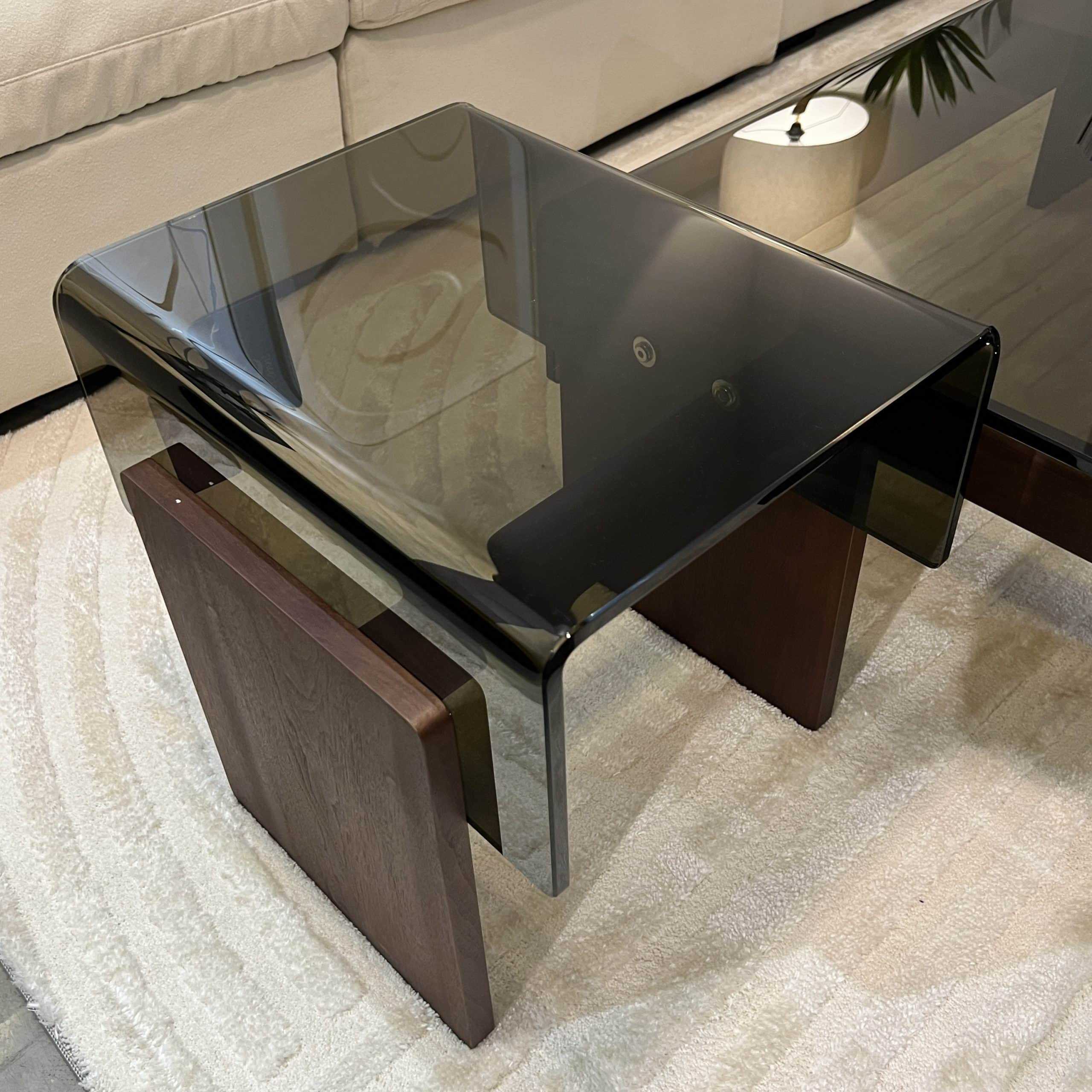 שולחן צד יוקרתי זכוכית חומה רגל עץ דגם פלור שולחן צד יוקרתי זכוכית חומה רגל עץ דגם פלור