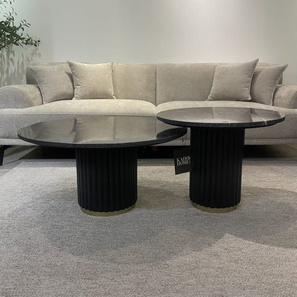 שולחן סלון פנסי שיש בסיס עץ כהה פס זהב דגם ראבי