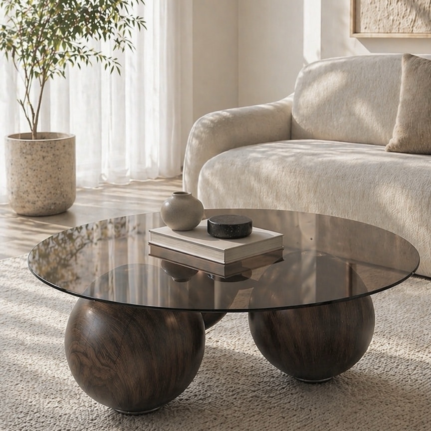 שולחן סלון יוקרתי עגול זכוכית חומה כדורים מתכת בגוון אגוז דגם סופיטל | במלאי!!