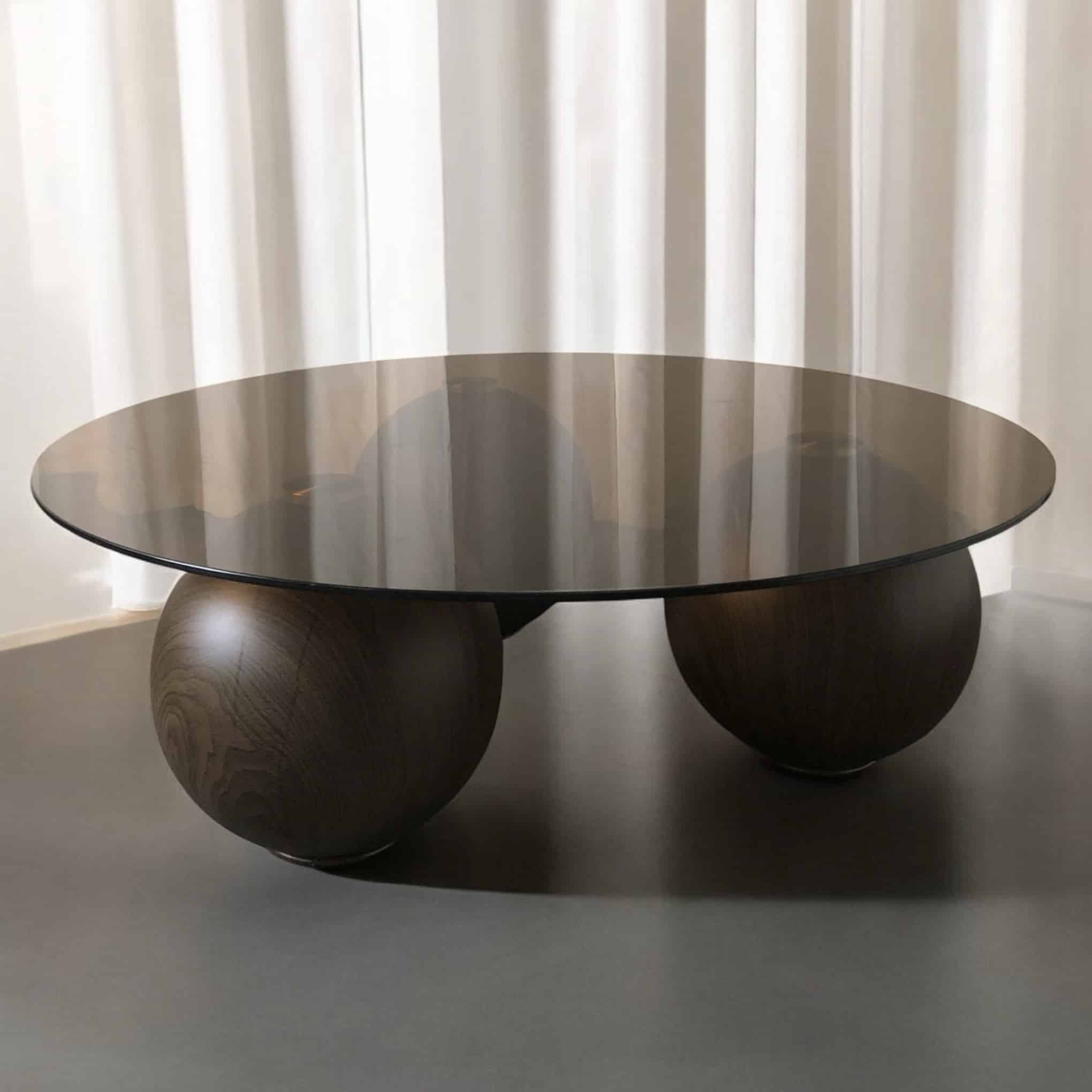 שולחן סלון יוקרתי עגול זכוכית חומה כדורים מתכת בגוון אגוז דגם סופיטל שולחן סלון יוקרתי עגול זכוכית חומה כדורים מתכת בגוון אגוז דגם סופיטל