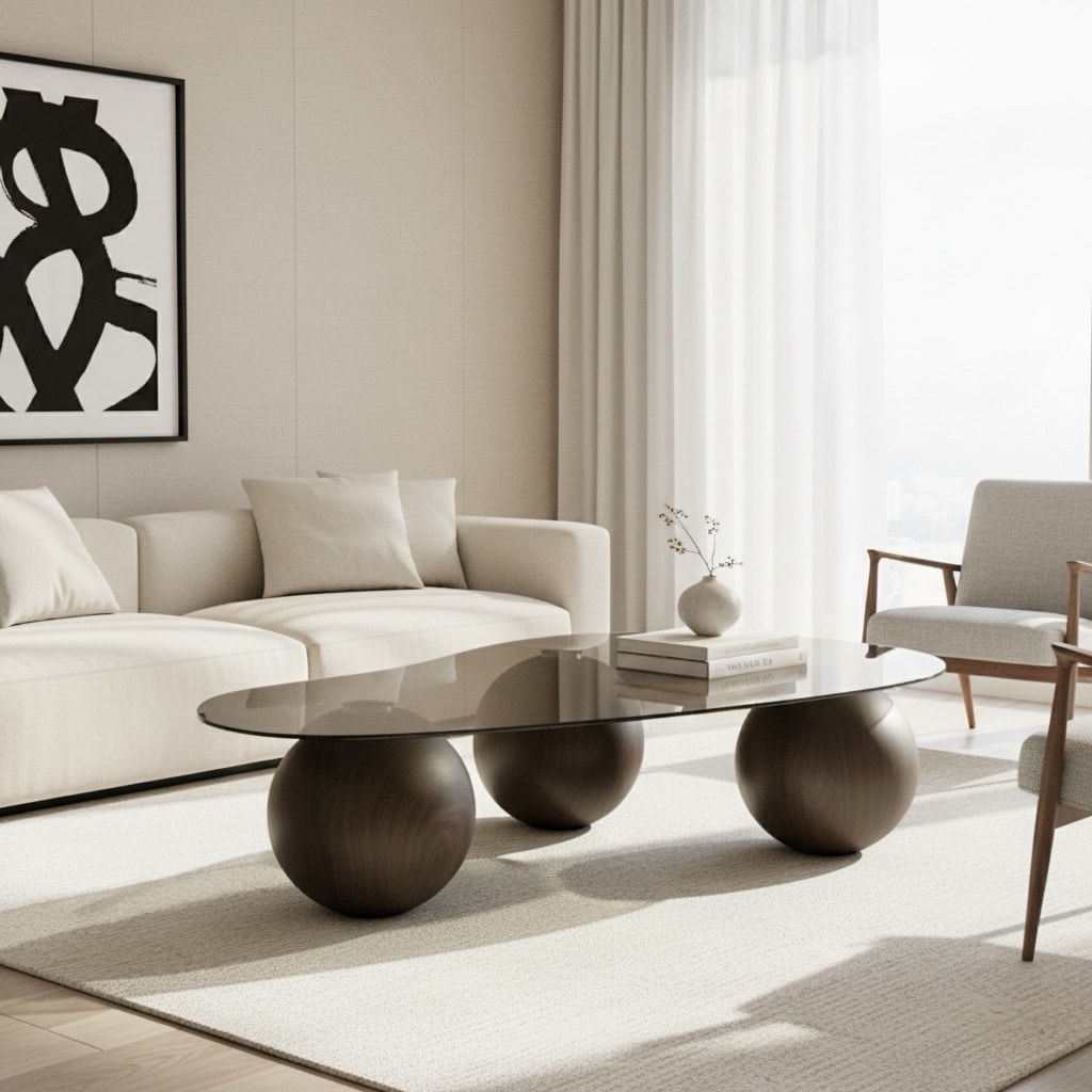 שולחן סלון יוקרתי אמורפי זכוכית חומה כדורים מתכת בגוון אגוז דגם סופיטל | במלאי