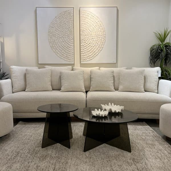 שולחן סלון יוקרתי עגול רגל X זכוכית מחוסמת חומה דגם פלור