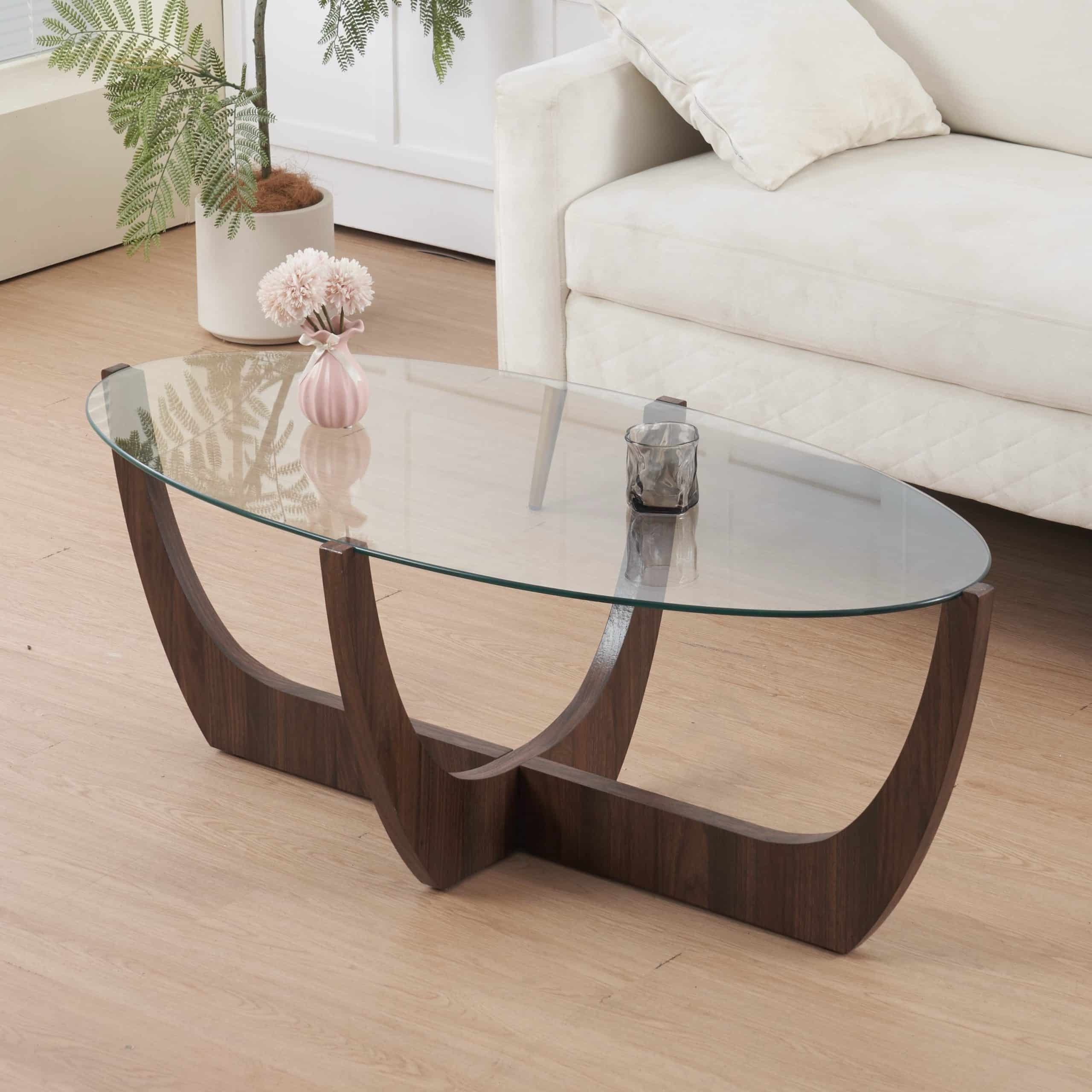 שולחן סלון אובאל זכוכית מחוסמת רגל ספיי אגוז דגם לוסי - קולקציה חדשה! שולחן סלון אובאל זכוכית מחוסמת רגל ספיי אגוז דגם לוסי - קולקציה חדשה!