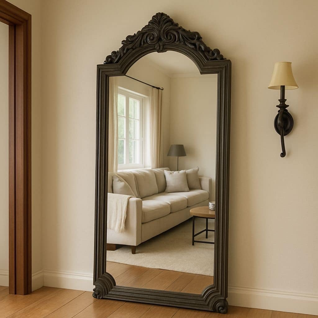 מראה עץ מלבנית מדליונים שפיץ וינטג׳ אפור גבוה דגם שירוג מראה עץ מלבנית מדליונים שפיץ וינטג׳ אפור גבוה דגם שירוג