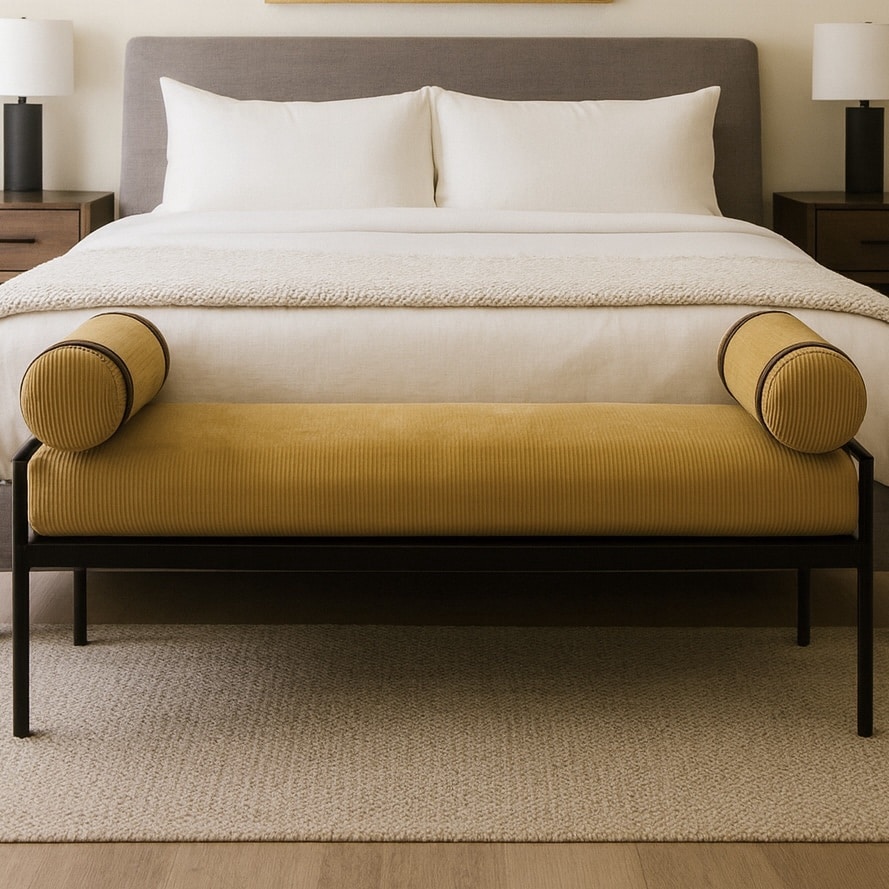 הדום מלבני מעוצב דגם קרפ בד קורדרוי צהוב חרדל רגל ברזל שחורה - אחרון מתצוגה!