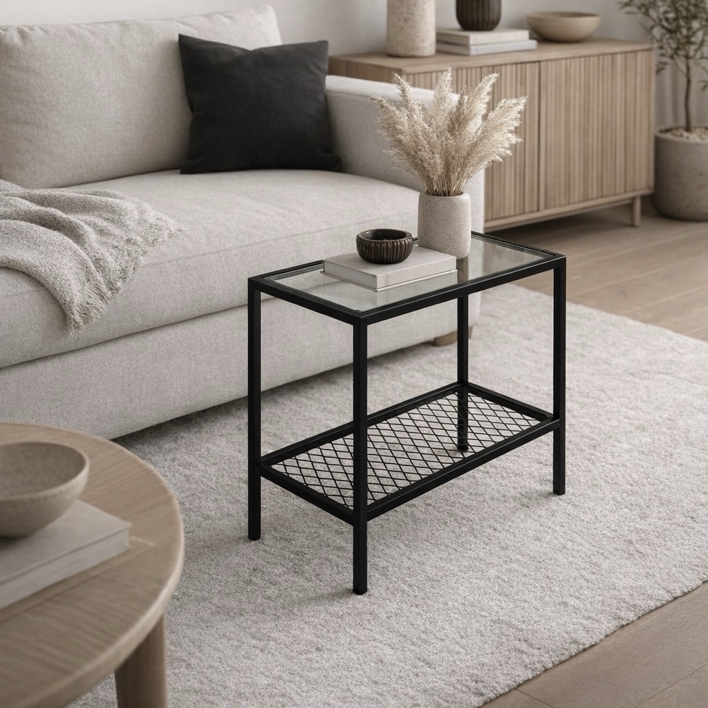 שולחן צד ברזל שחור בשילוב רשת וזכוכית - חיסול מעודפים!