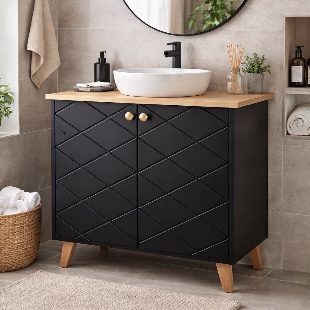 ארונית אמבטיה דגם מעויינים שחור פלטה אלון - חיסול אחרונה מתצוגה!