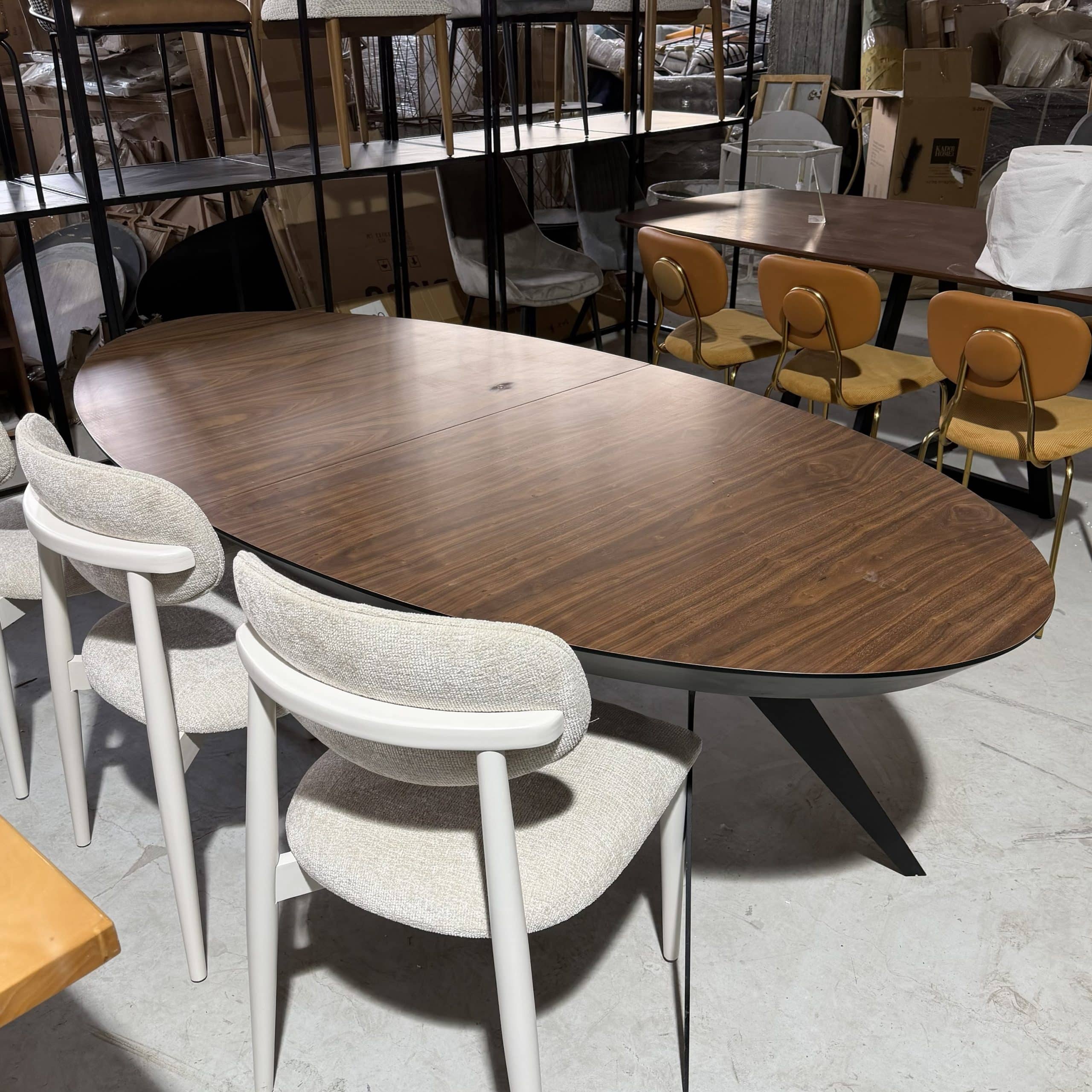 פינת אוכל מעוצבת דגם אליפס פורמייקה אגוז אמריקאי רגל מתכת שחורה - חיסול!!