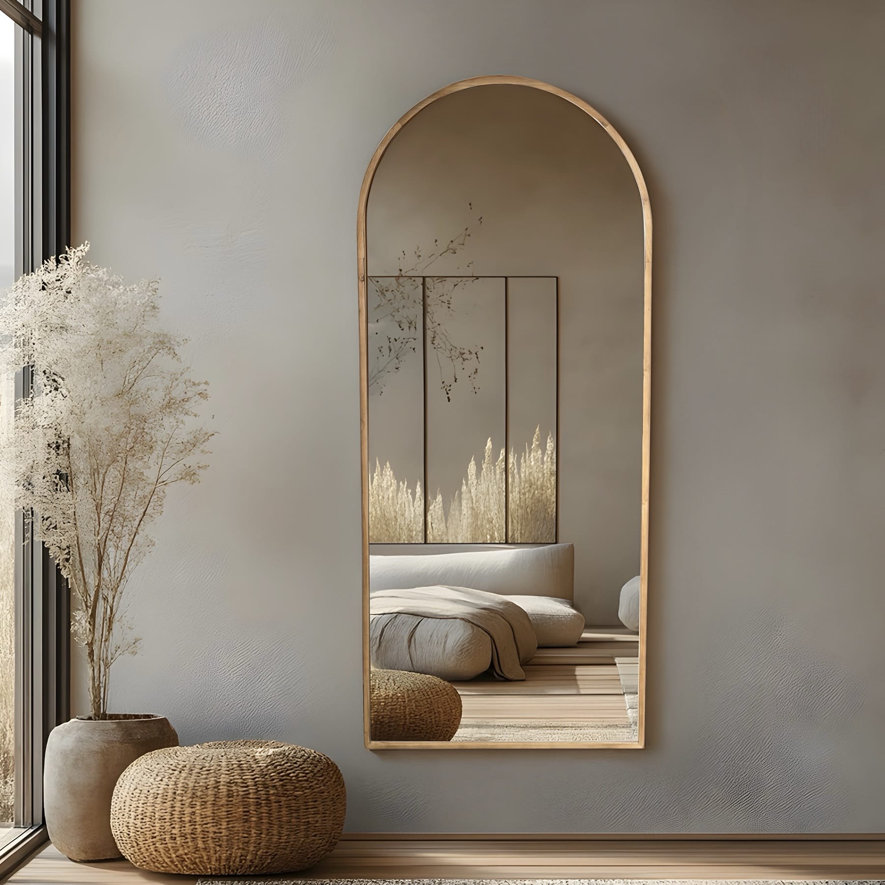 מראה מעוצבת חצי מעוגלת עץ טבעי 140/60 - שחם