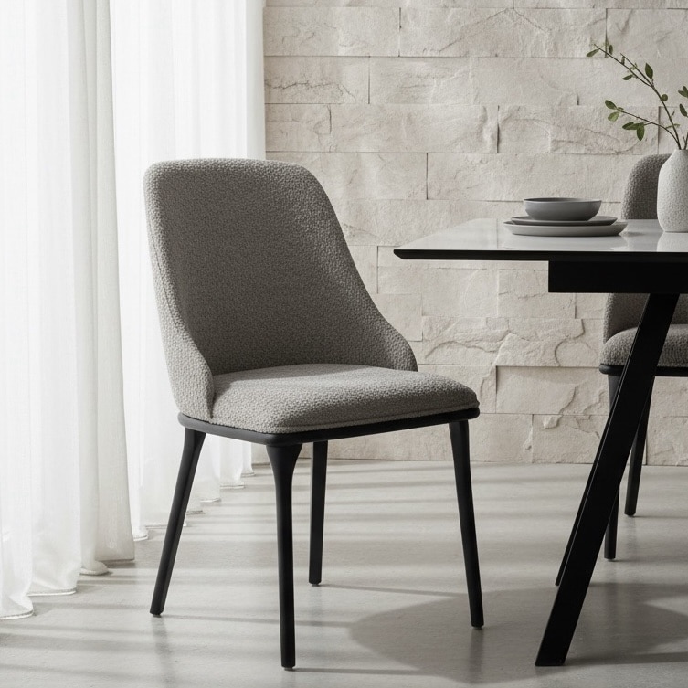 כיסא מעוצב דגם אסיה בד בוקלה אפור רגל שחורה - חיסול!!